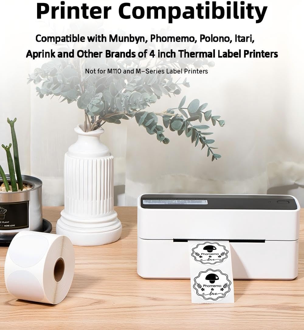 Thumbnail 1 de Phomemo Lot de 750 Étiquettes Rondes Blanc – Ø50 mm, adhésif robuste, pour imprimantes thermiques (4 pouces) compatibles MUNBYN, Phomemo, Polono et plus