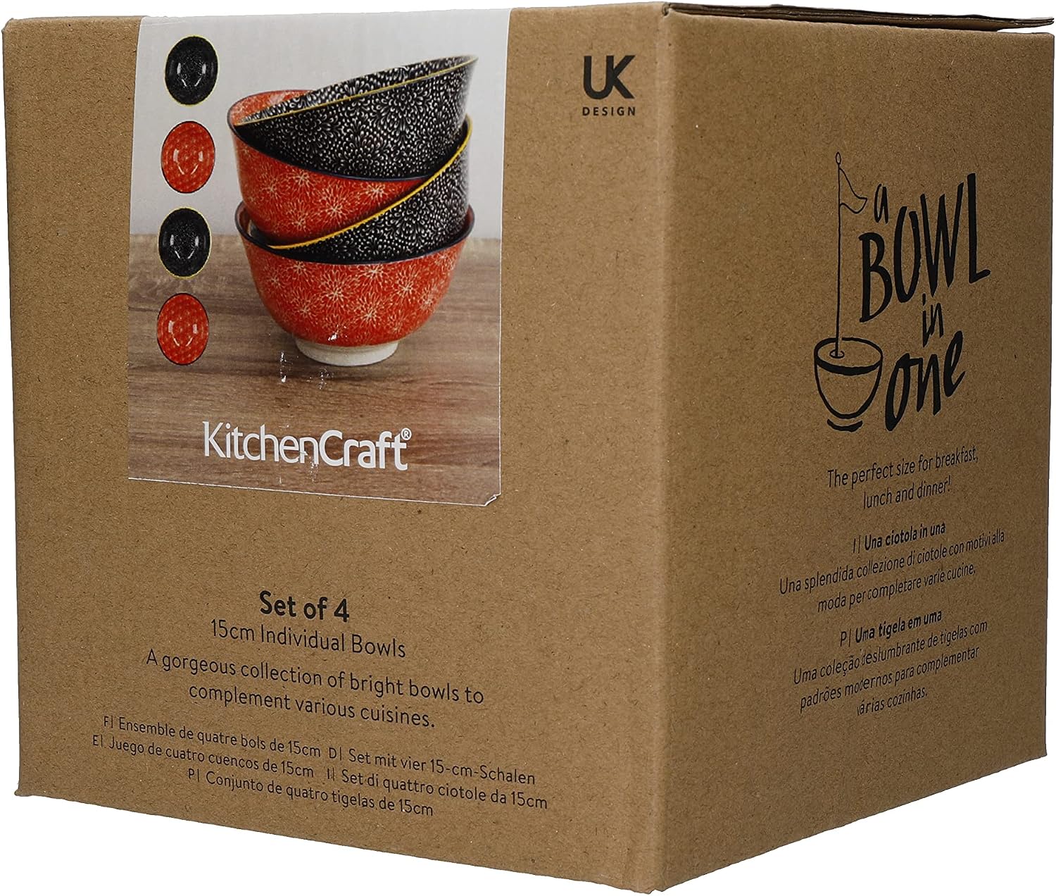 Detalle de KitchenCraft Glazed Stoneware Bowl Set of 4, Red and Black Floral, 700 ml