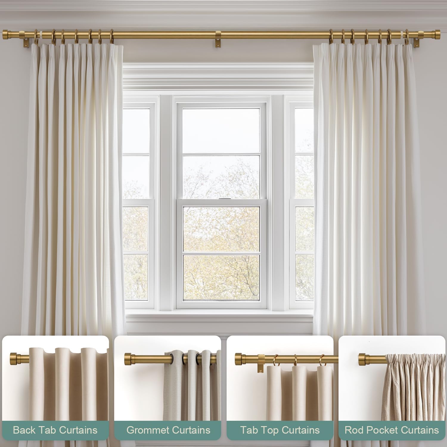 Detalle de Lootkell Warm Gold Adjustable Curtain Rods (32–60 In) with Solid Metal Finials