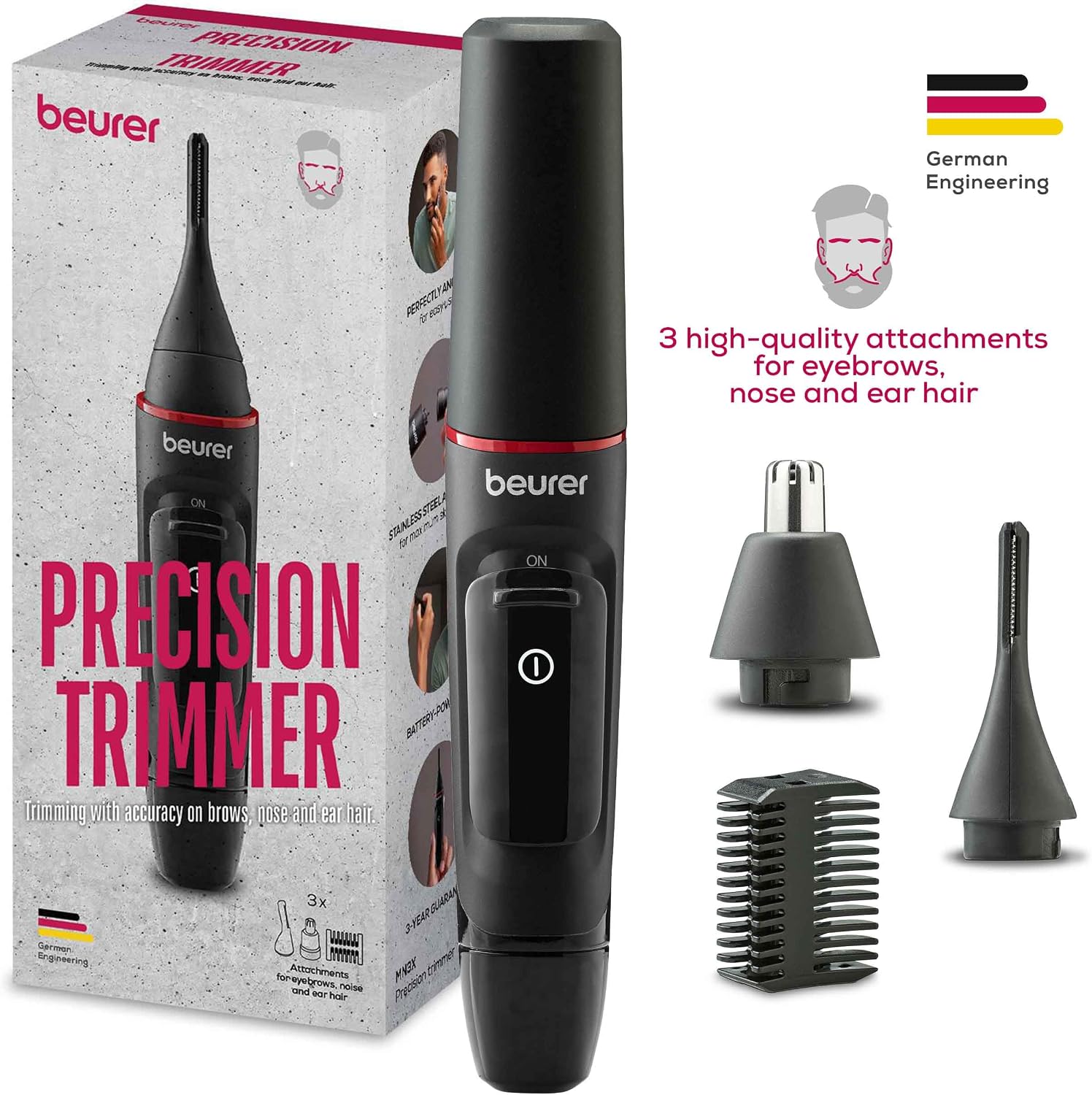 Detalle de Beurer MN3X Precision Trimmer for Nose, Ear and Eyebrow Hair, 3 Attachments