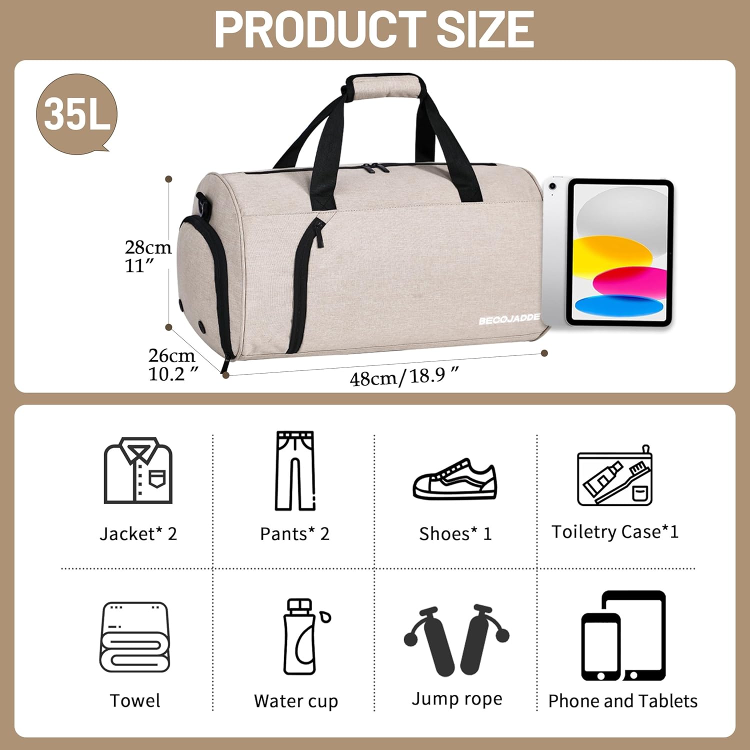 Thumbnail 5 de BECOJADDE Gym Bag for Women and Men with Shoe Compartment & Wet Pocket, 35L – Beige