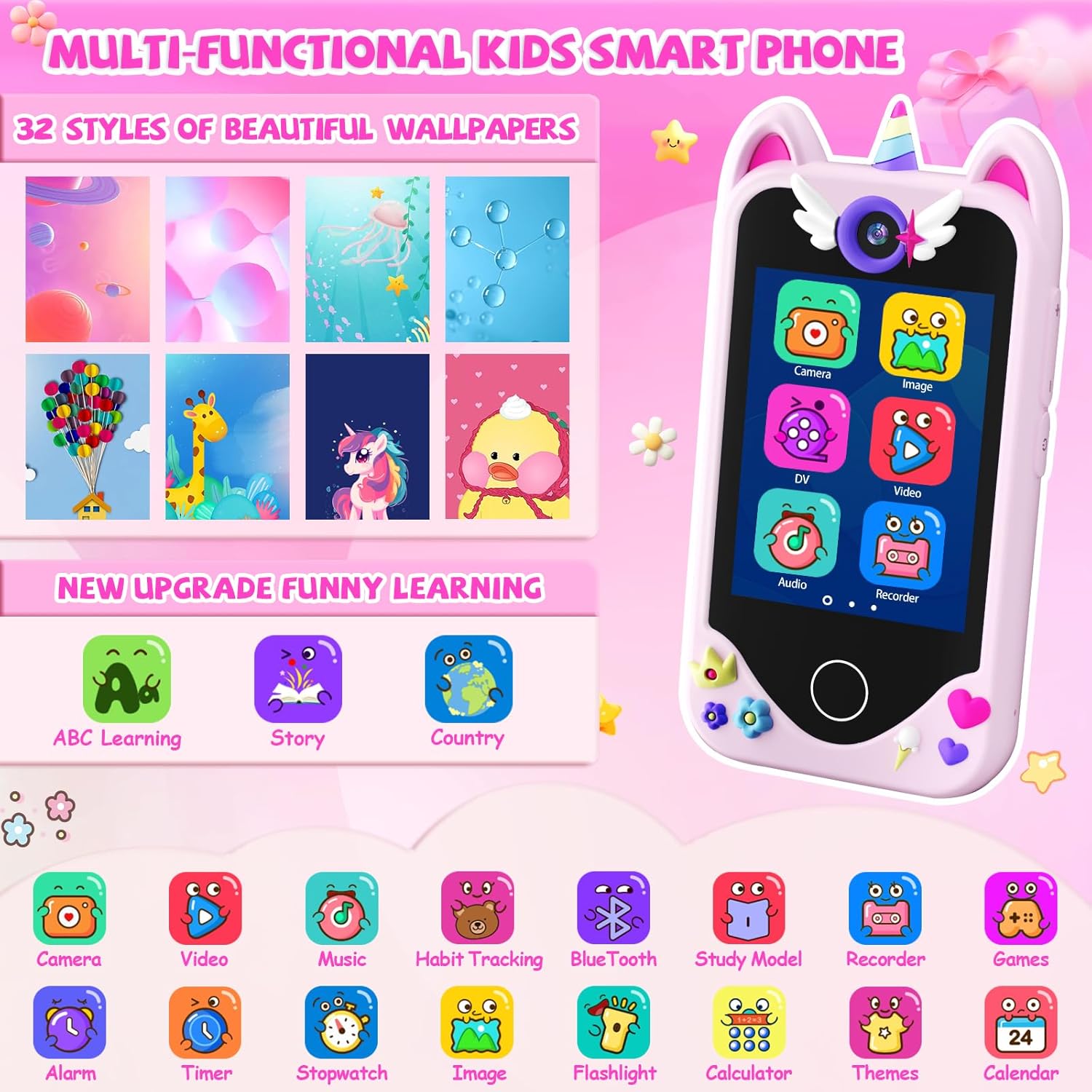 Thumbnail 1 de Yosfeng Kids Smart Phone for Girls (Ages 3-6) Toy Cell Phone with Touchscreen, Dual Cameras, 32 GB Card
