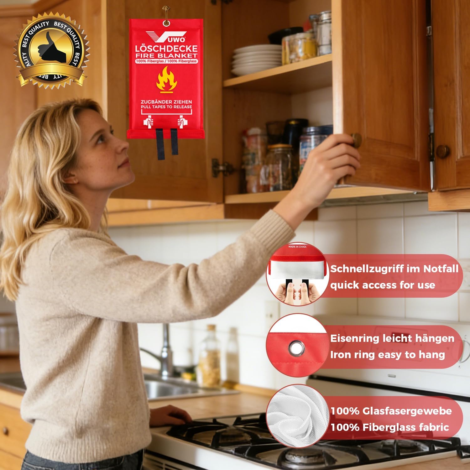 Thumbnail 5 de vuwo Löschdecke für Küche (Notfall-Feuerlöschdecke) nach EN 1869:2019 – Glasfaser, für Fettbrände
