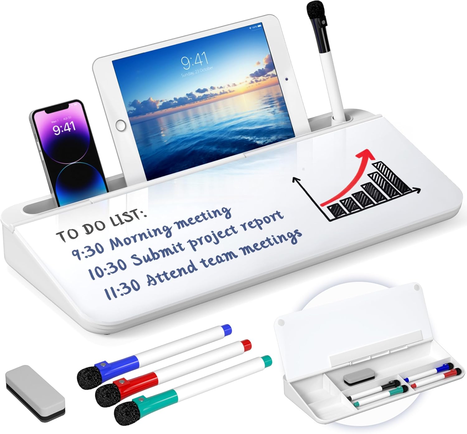 Detalle de Nicpro Glass Desktop Whiteboard with Storage (40x18cm) – Small Magnetic Glass Board with 4 Pens, Eraser and Keyboard Stand