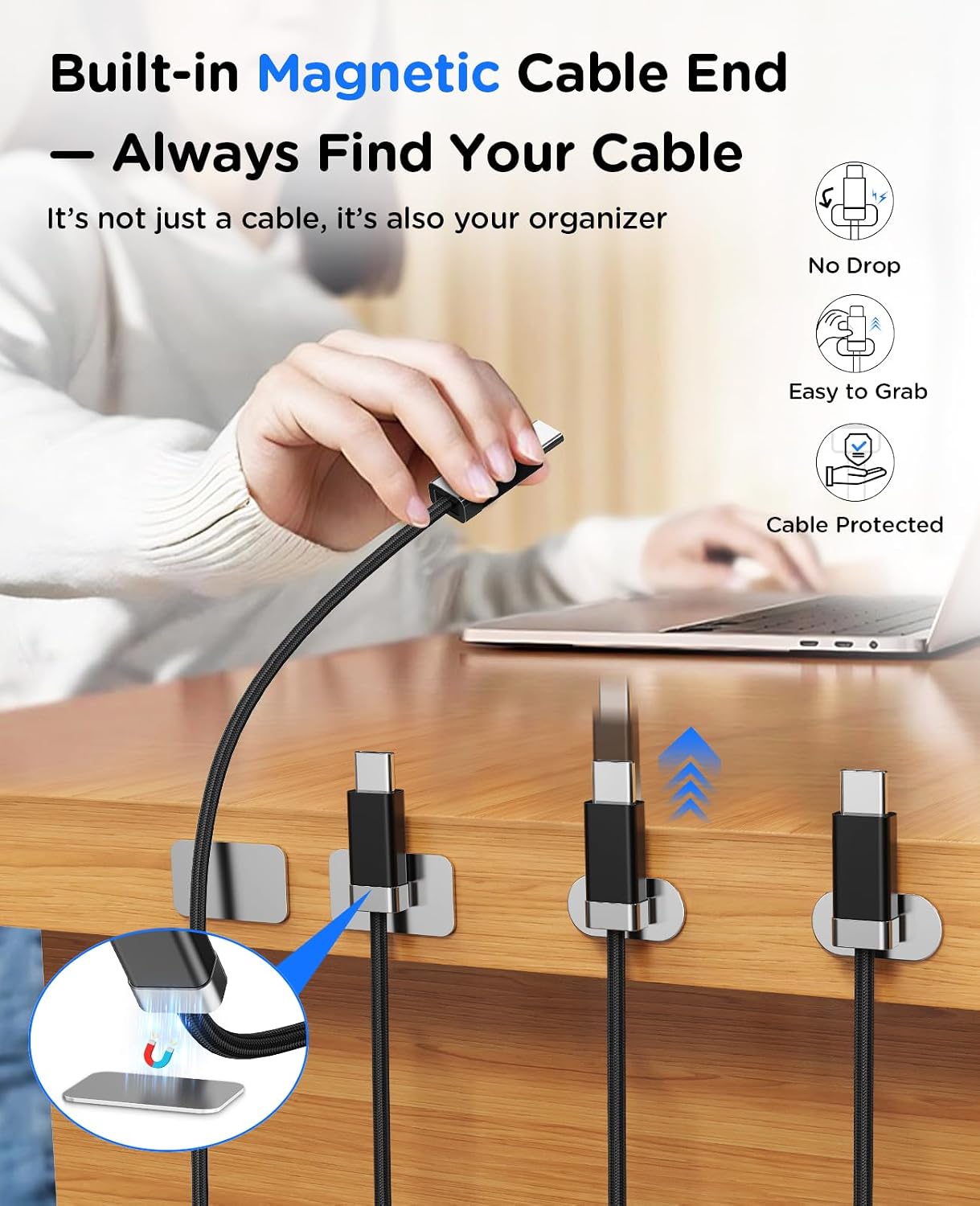 Detalle 2 de Magtame Staycable USB-A auf USB-C Kabel mit magnetischem Halter – 1,5 m, Schneller Ladevorgang und aufgeräumter Arbeitsplatz