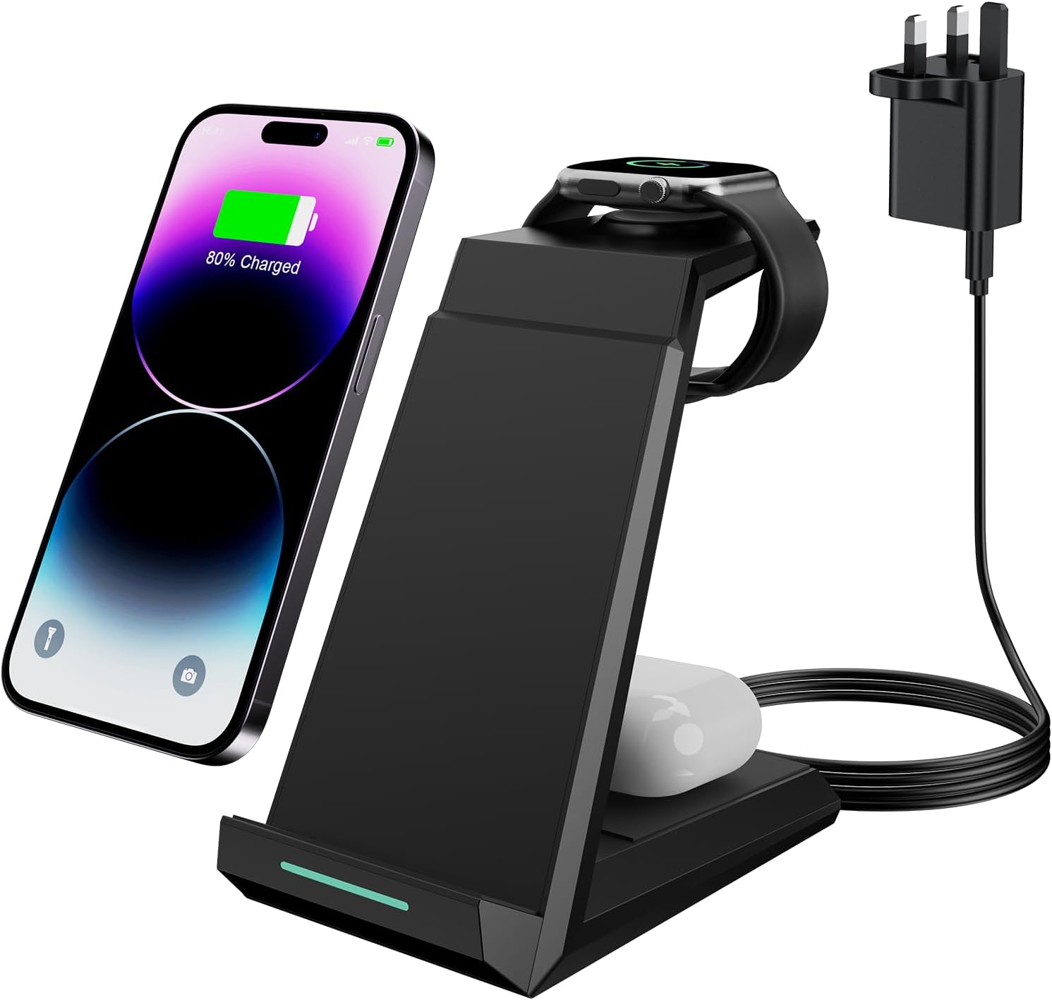Detalle de ADADPU 3 in 1 Wireless Charger – 15W Fast Charging Station for iPhone, AirPods and Apple Watch