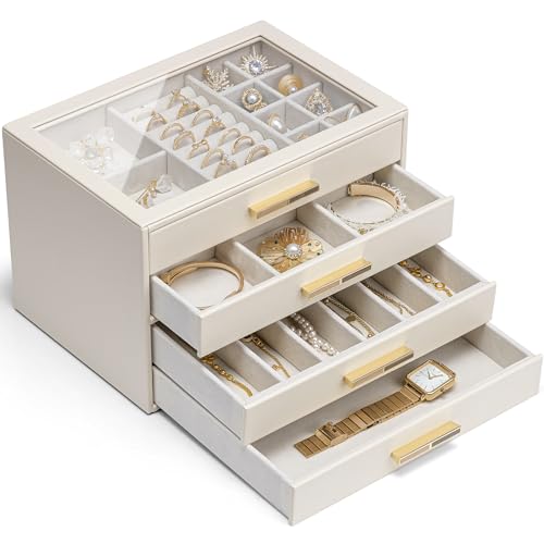 Detalle de VLANDO Boîte à bijoux Grande 4 niveaux avec couvercle en verre et cuir PU – rangement élégant et pratique
