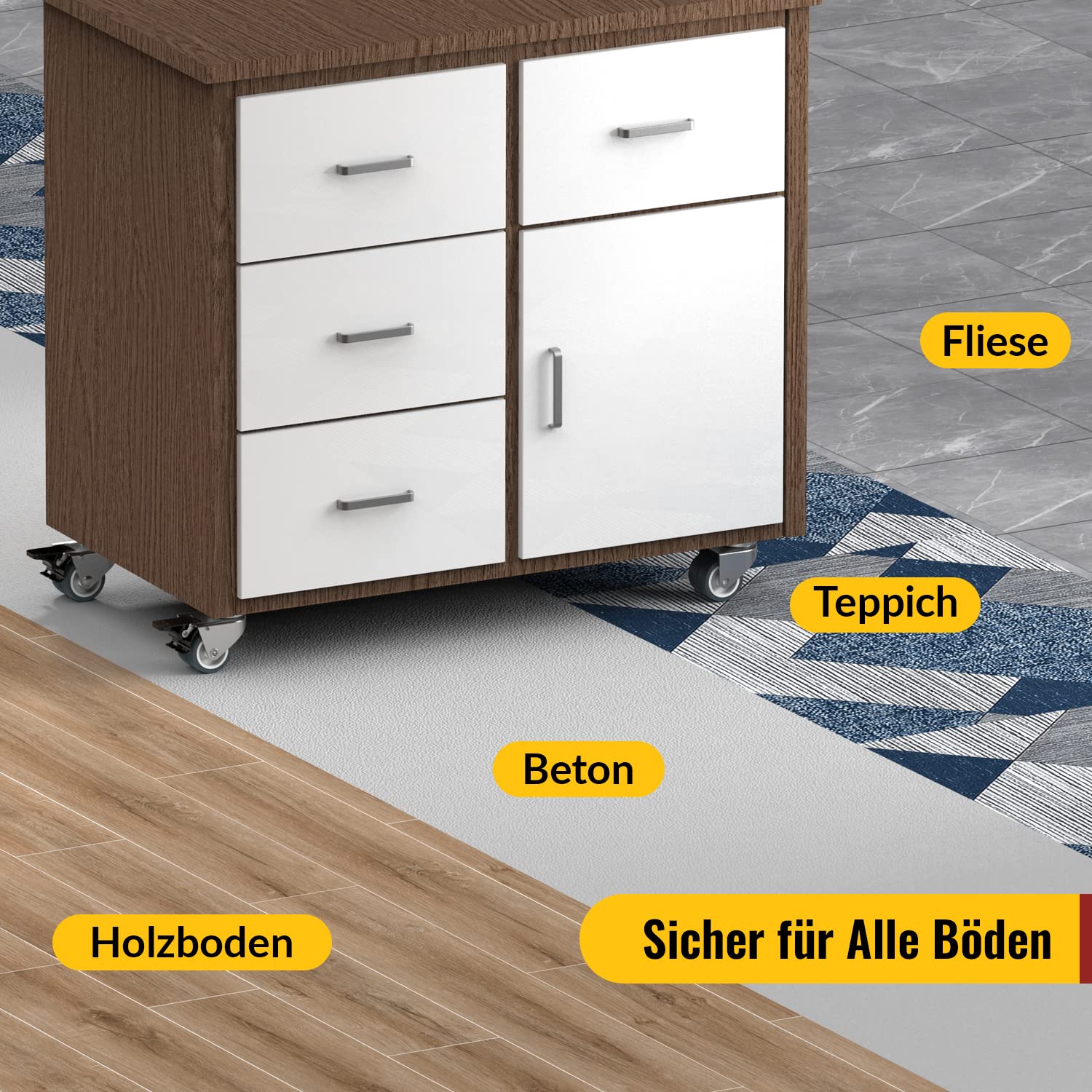 Thumbnail 4 de 50 mm Möbelrollen mit Sicherheitsbremse – 4er Set Schwerlastrollen (2 gebremst, 2 ohne) mit 400 kg Gesamtkapazität