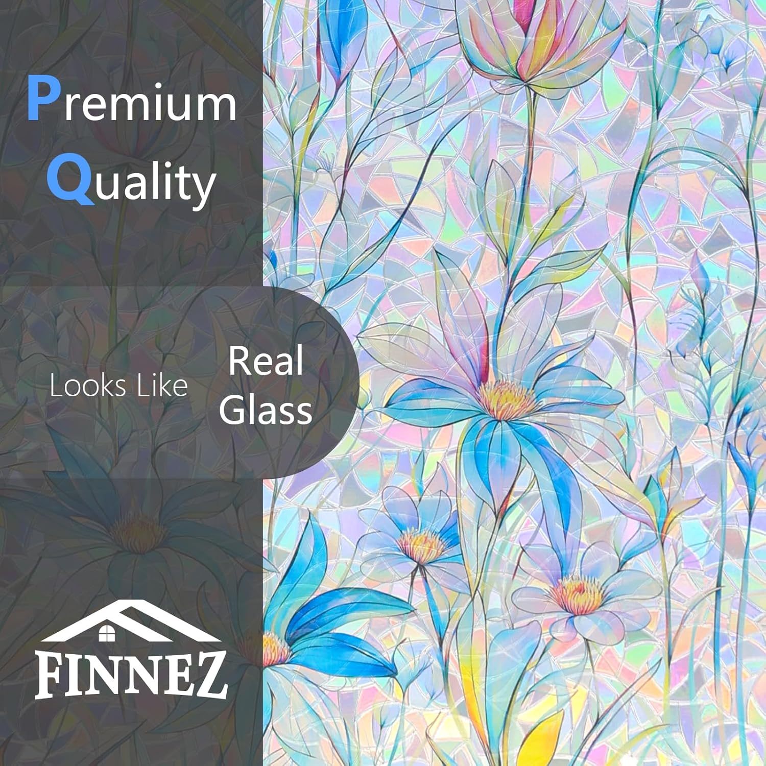 Thumbnail 6 de FINNEZ Fensterfolie – Selbstklebende statische Klebefolie, Regenbogen-Blumenmuster, Blau, 90 × 400 cm