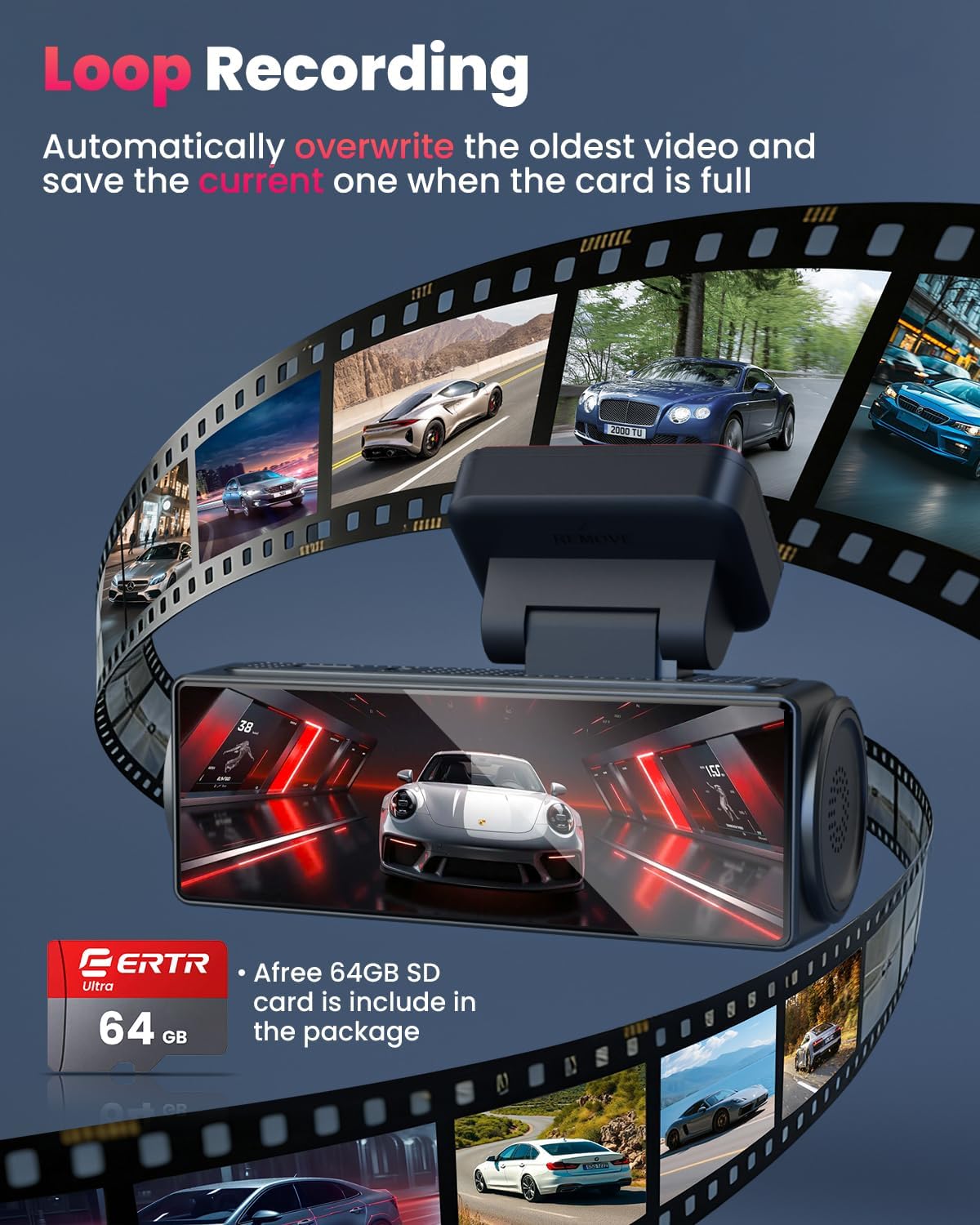 Thumbnail 5 de 4K Dash Cam Front and Rear with 64GB SD Card — Dual 4K/1080P, 5GHz Wi‑Fi, App Control