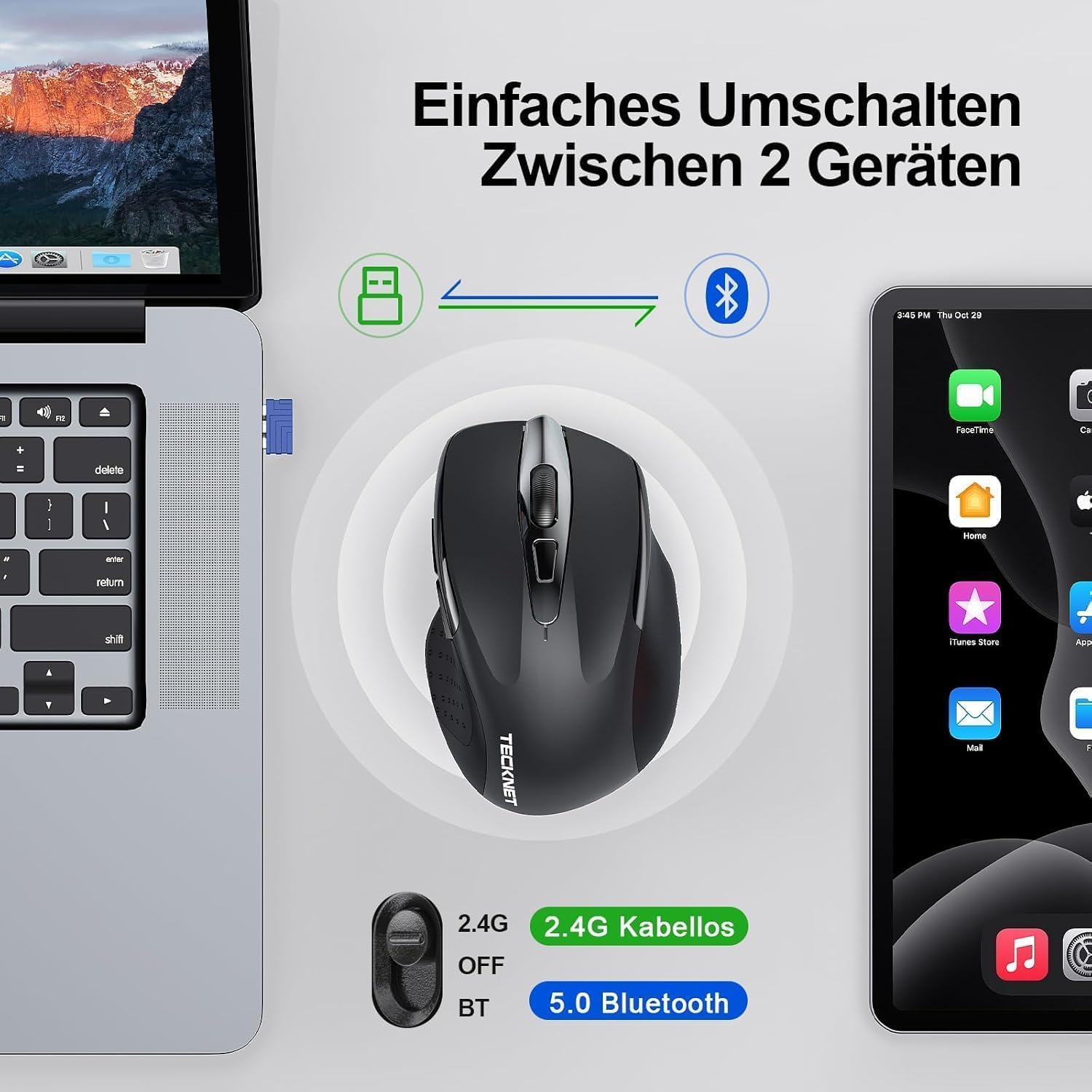 Detalle de TECKNET Bluetooth Maus (wiederaufladbar, 3 Modi BT 5.0/3.0 + 2,4 GHz, 4800 DPI) – schwarz