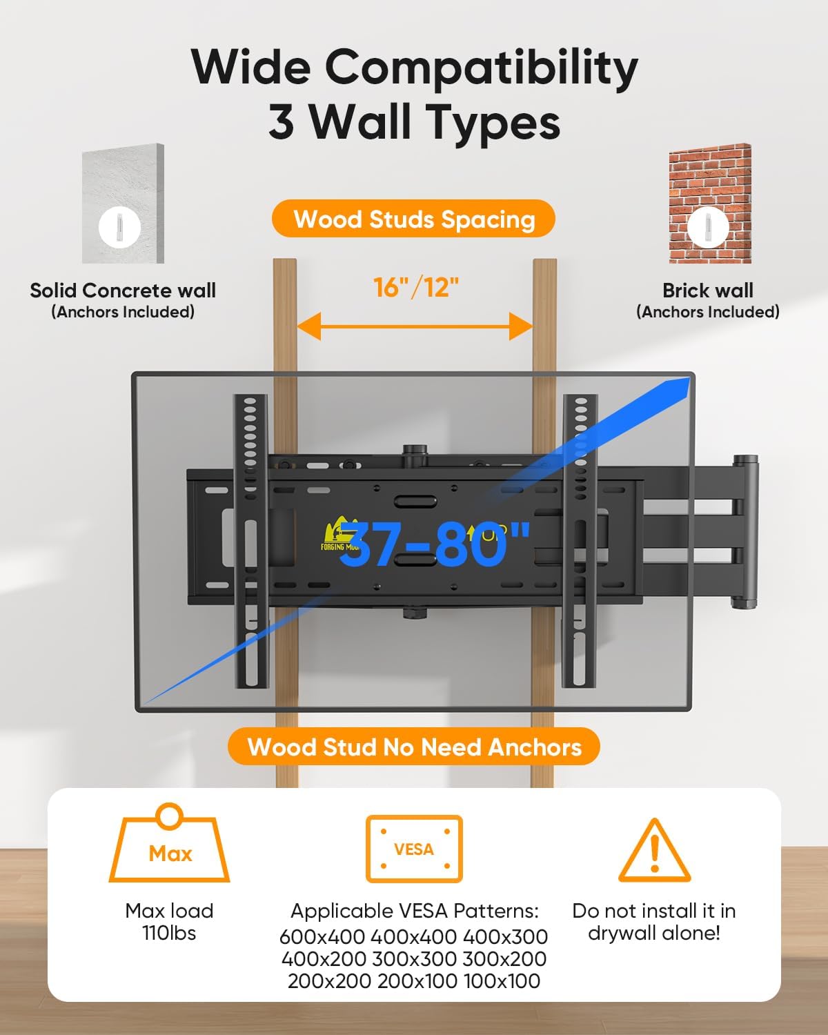 Detalle de FORGING MOUNT Long Arm TV Wall Mount for 42-80 inch TVs with 43" Extension