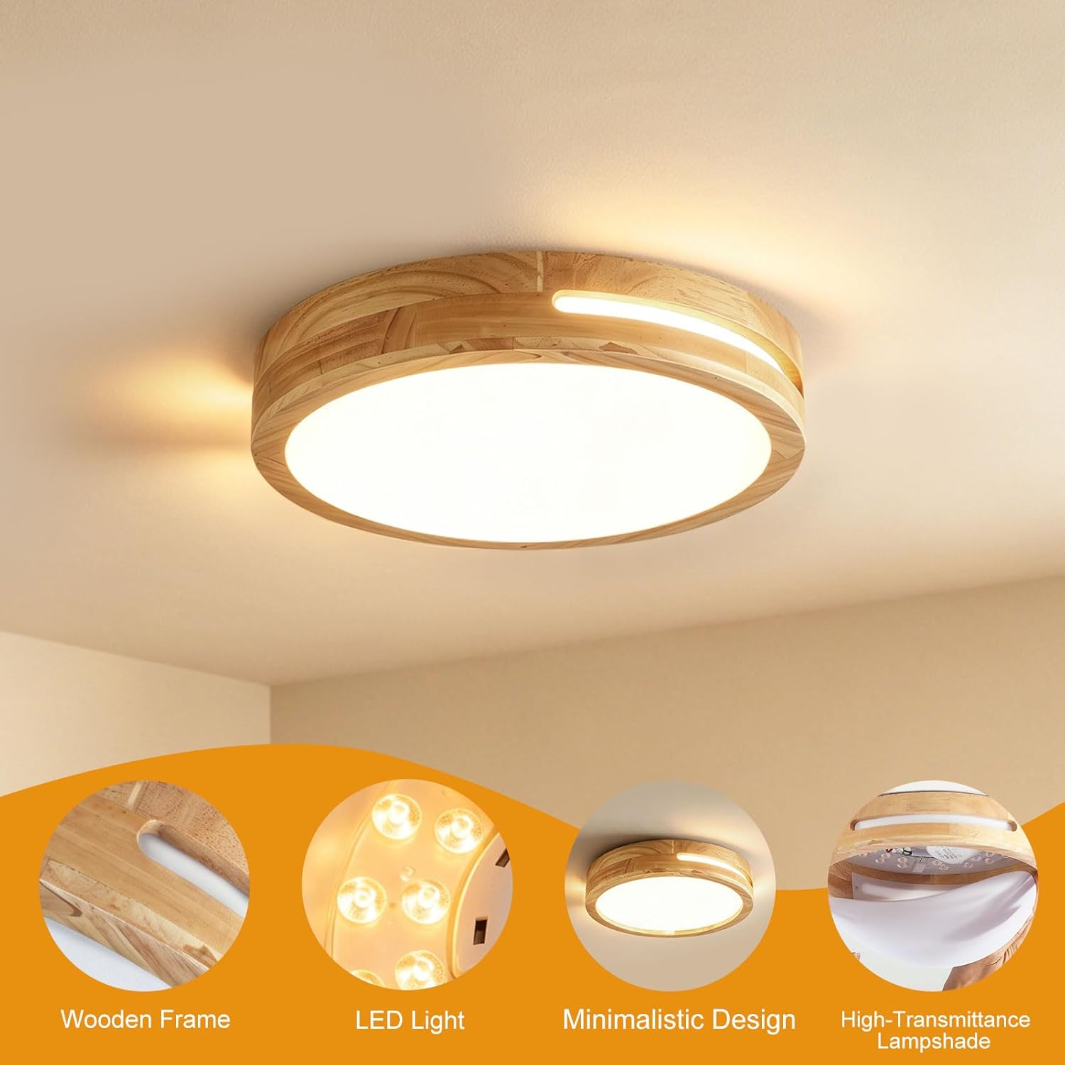 Thumbnail 4 de MELAYR Ceiling Lights LED 30W, 3000K Warm Flush Ceiling Lighting – Ø30cm, 3600LM, CRI≥80, Wooden Finish