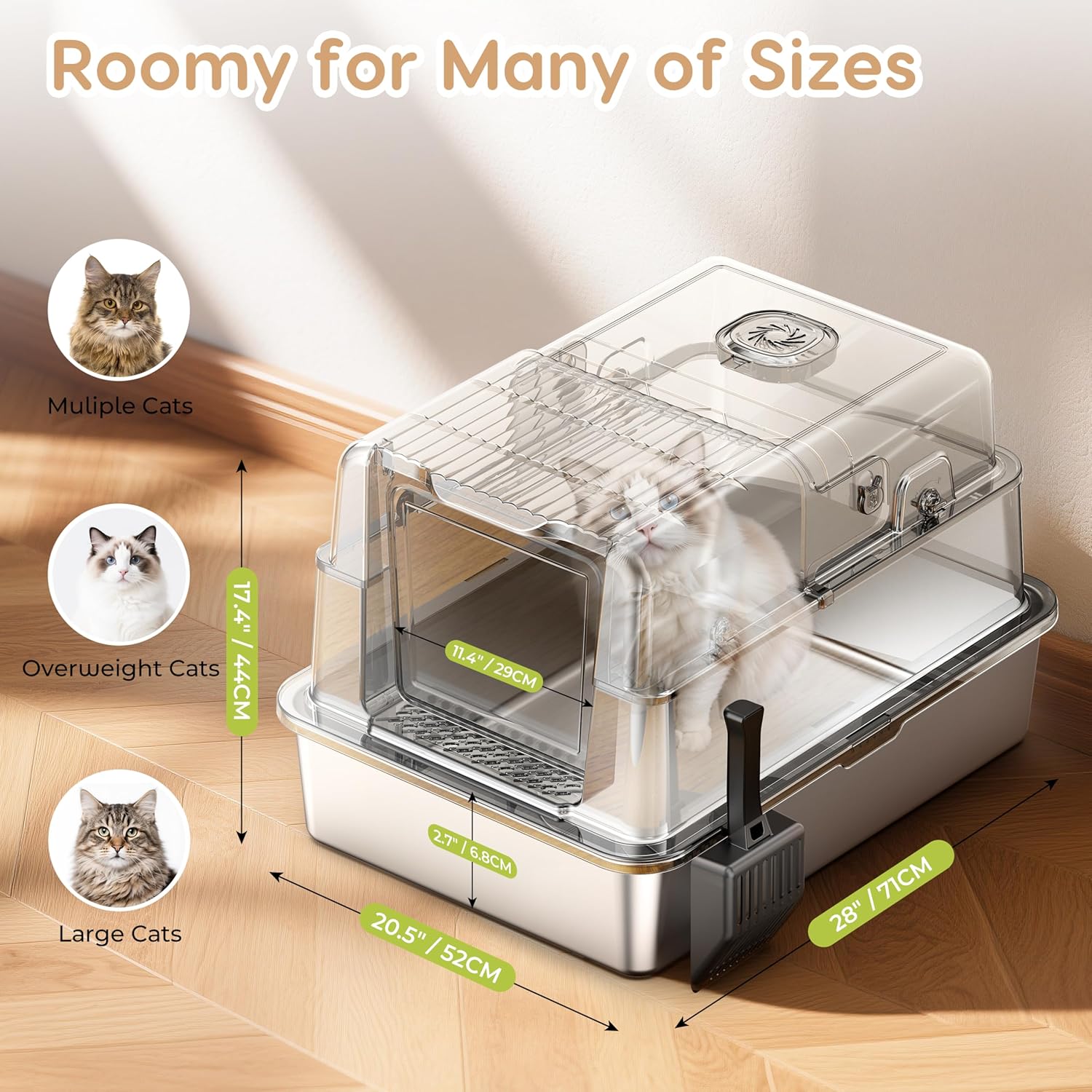 Detalle 2 de Stainless Steel Cat Litter Tray with 105° Flip Lid — PalNest XXXL Extra Large Enclosed Box for Large Cats