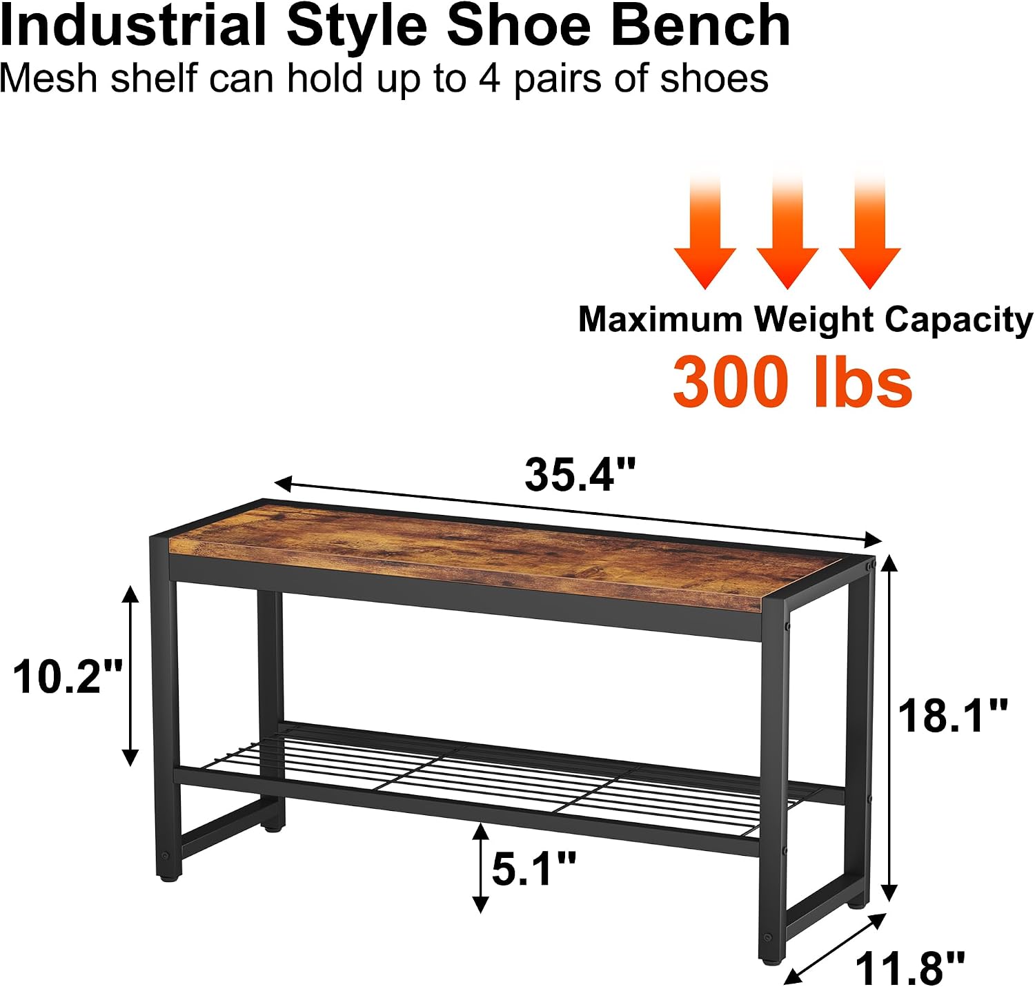 Detalle de HOMEFORT HB-XD572-A-BBR03 Shoe Bench, Rustic Brown MDF Top and Metal Frame