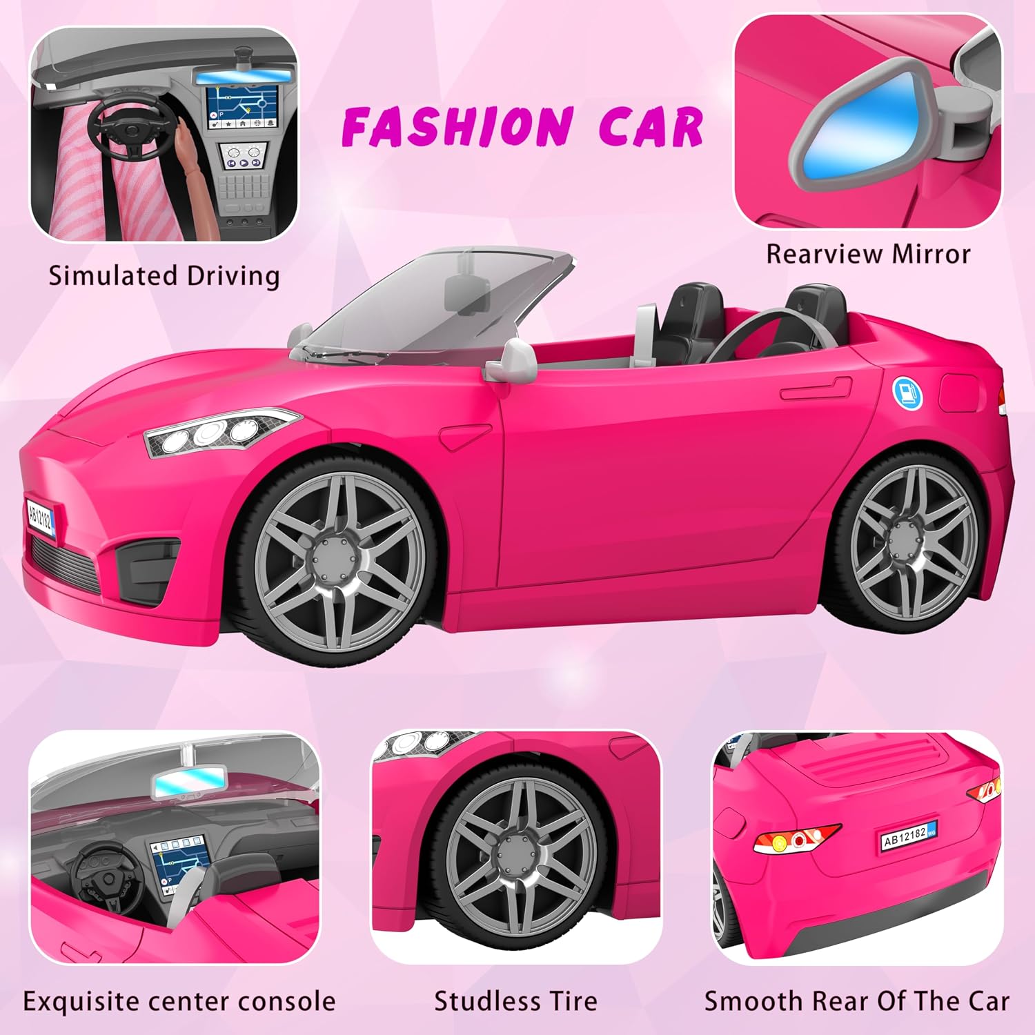 Detalle de MINIFUN 91-Piece Doll Convertible Car Set with Pink Car and Outfit Accessories