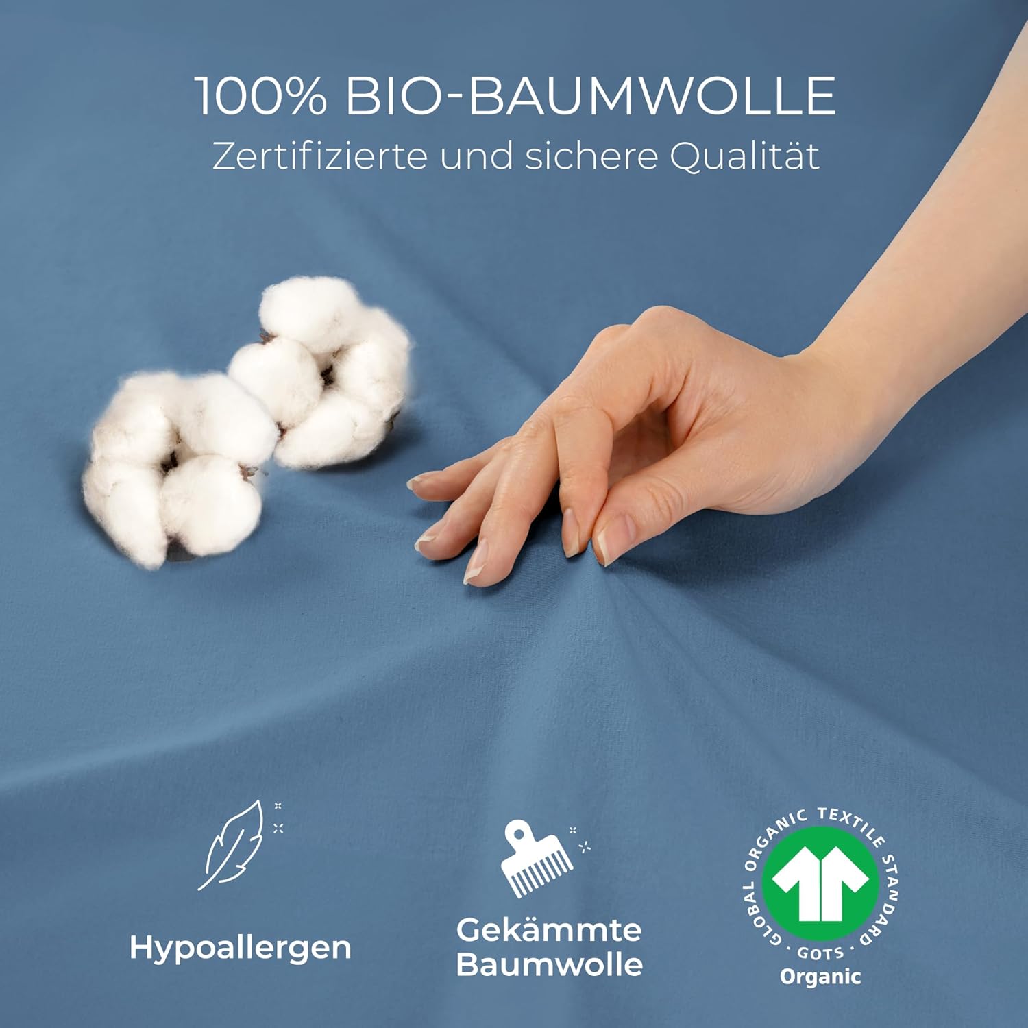 Thumbnail 1 de Dreamzie Premium Spannbettlaken 180x200 cm bis 200x200 cm – Blau, 100% Bio-Baumwolle, 150 g/m², GOTS & OEKO-TEX