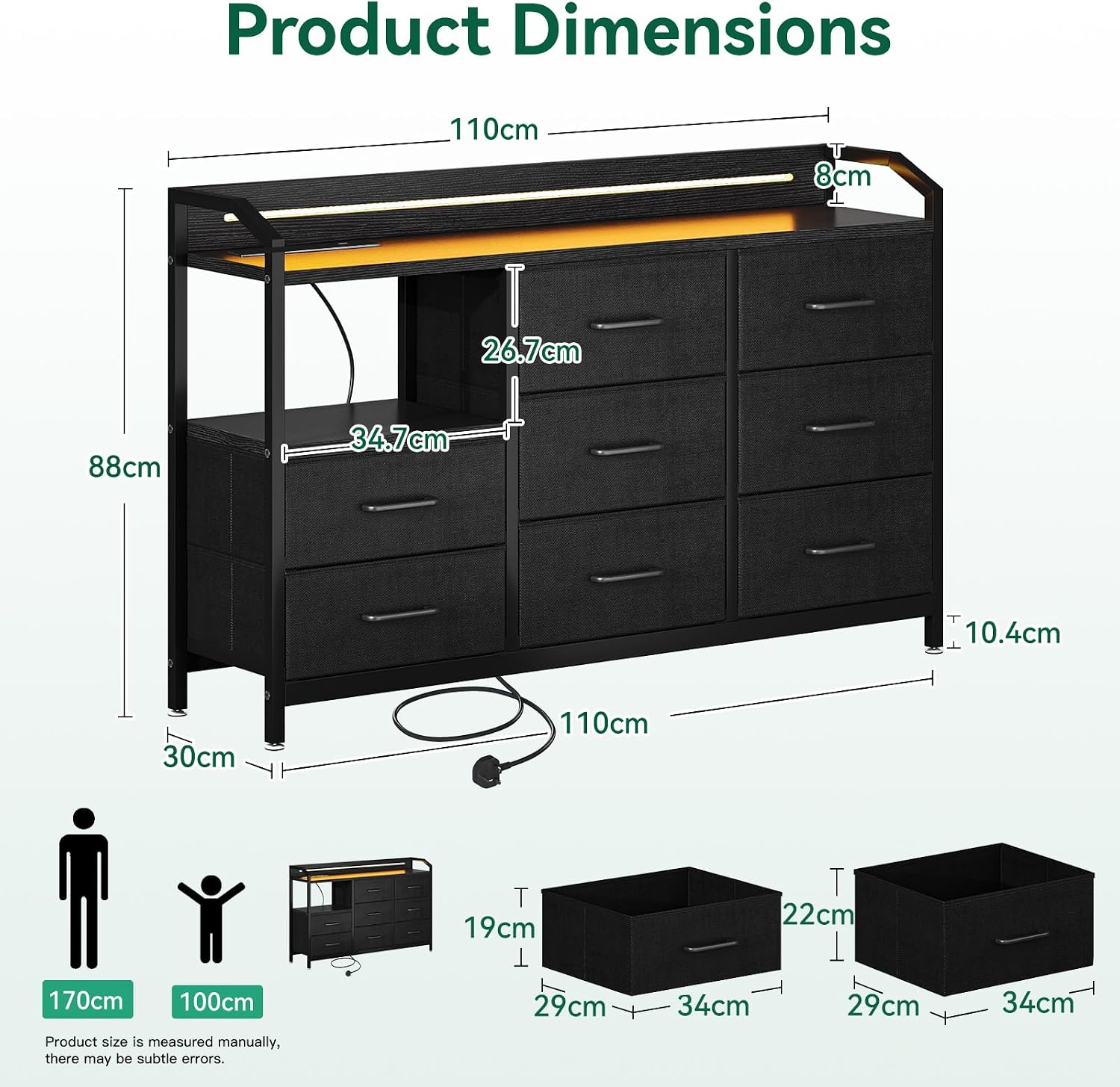 Thumbnail 2 de ODK Black Chest of Drawers Bedroom with LED Light, 8 Fabric Drawers and USB/AC Outlets