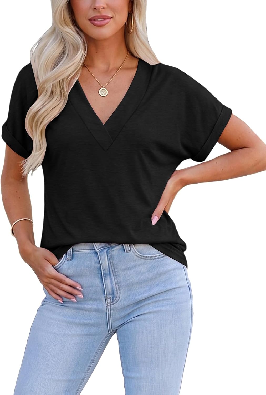 Thumbnail 4 de Cuptacc Damen-T-Shirt mit V-Ausschnitt, Kurzarm und Elasthan-Anteil – locker-elegant für Sommer & Alltag