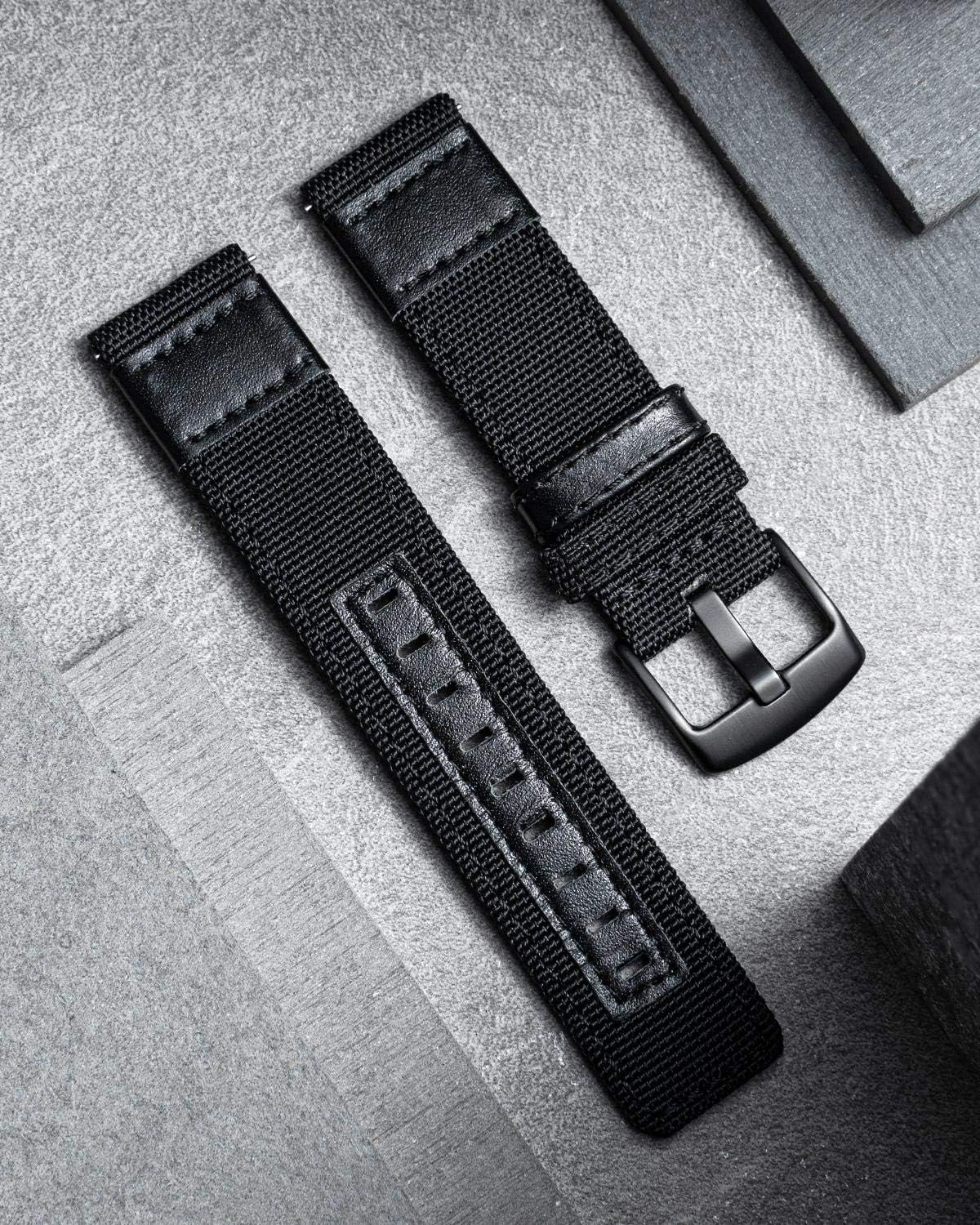 Detalle 2 de BINLUN Canvas & Leather Hybrid Watch Strap for Men — Quick Release 18mm/20mm/22mm/24mm