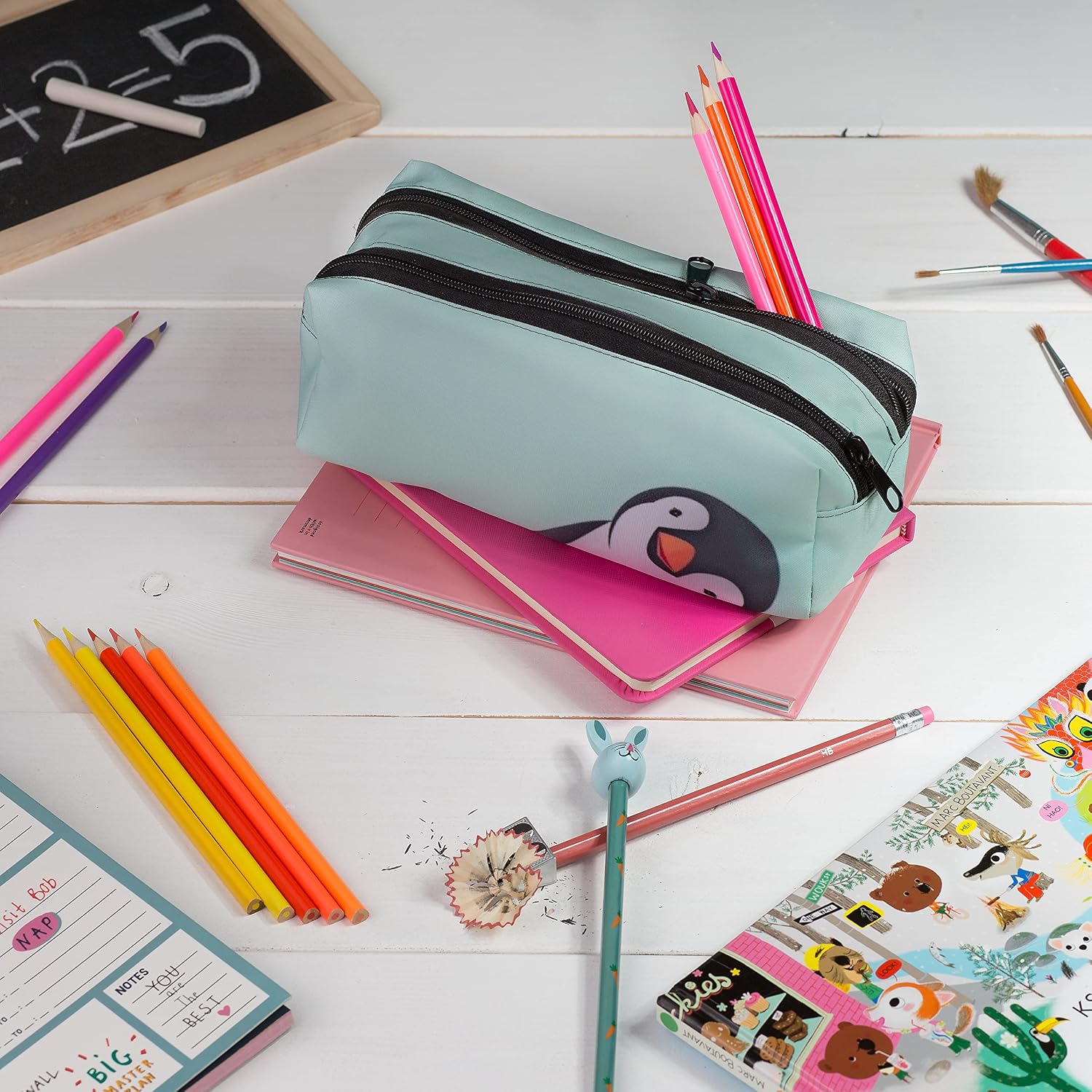 Detalle de Trousse scolaire à 2 compartiments avec zip Zigzag – Organisateur polyvalent 21 × 8 × 10 cm