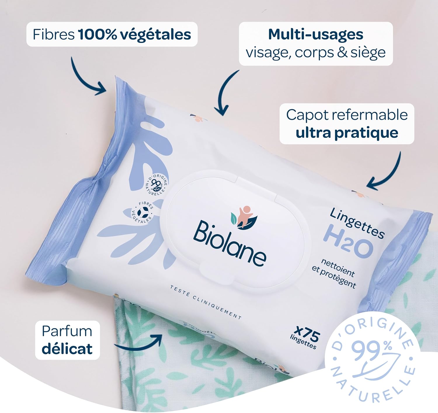 Detalle de Biolane Lingettes bébé à l’eau – 900 lingettes (lot de 12 x 75), sans rinçage, dès la naissance