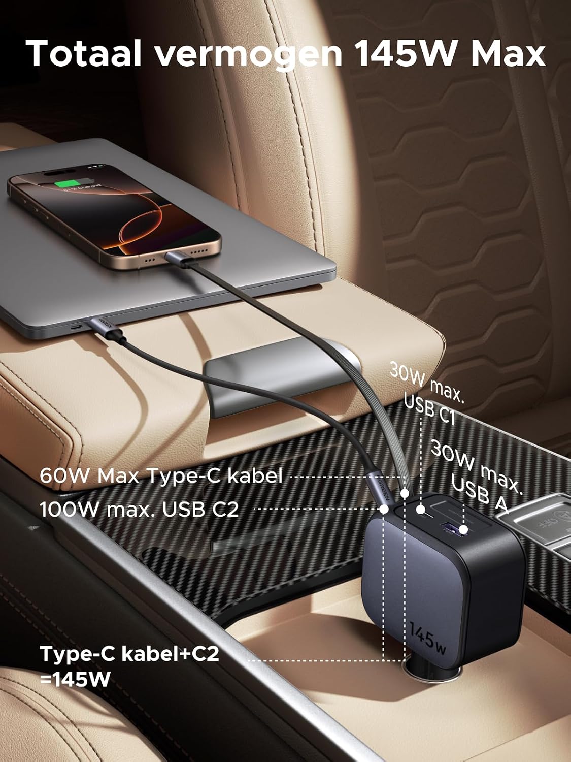 Thumbnail 1 de UGREEN Nexode 145W-autolader met 4 poorten en intrekbare USB-C-kabel