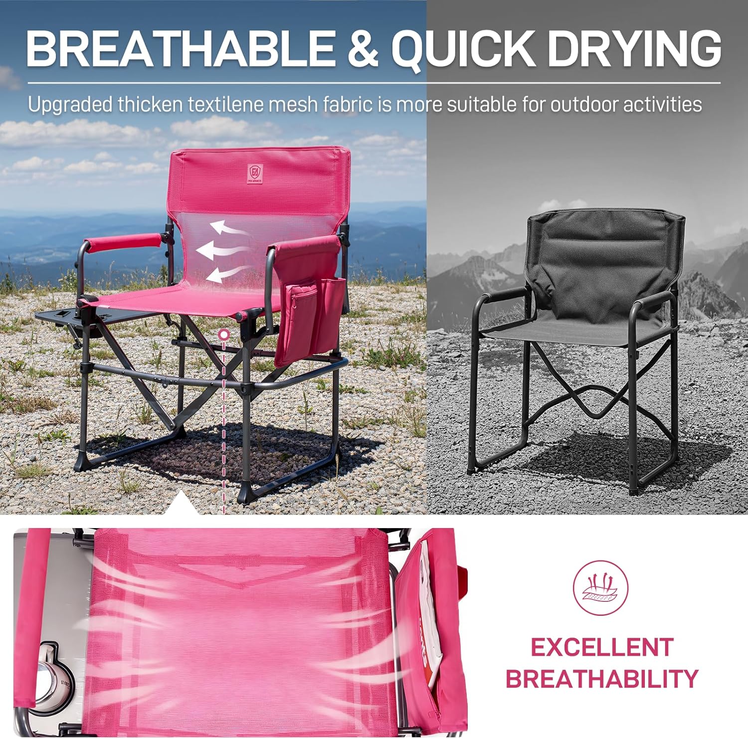 Thumbnail 3 de EVER ADVANCED Camping Directors' Chair with Side Table – Portable Foldable, Textilene Mesh, 400 lbs, Pink
