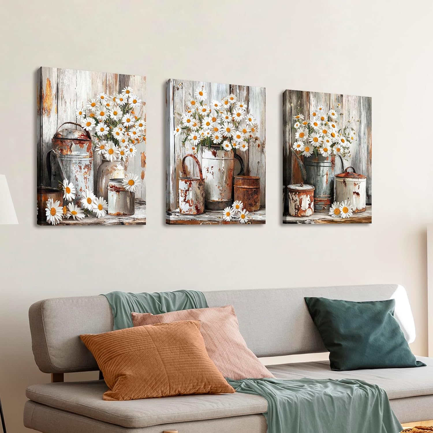 Thumbnail 4 de 3er-Set Leinwandbilder mit Rahmen „Gänseblümchen“ im Vintage-Look, ca. 120x60 cm (40x60 je Bild)