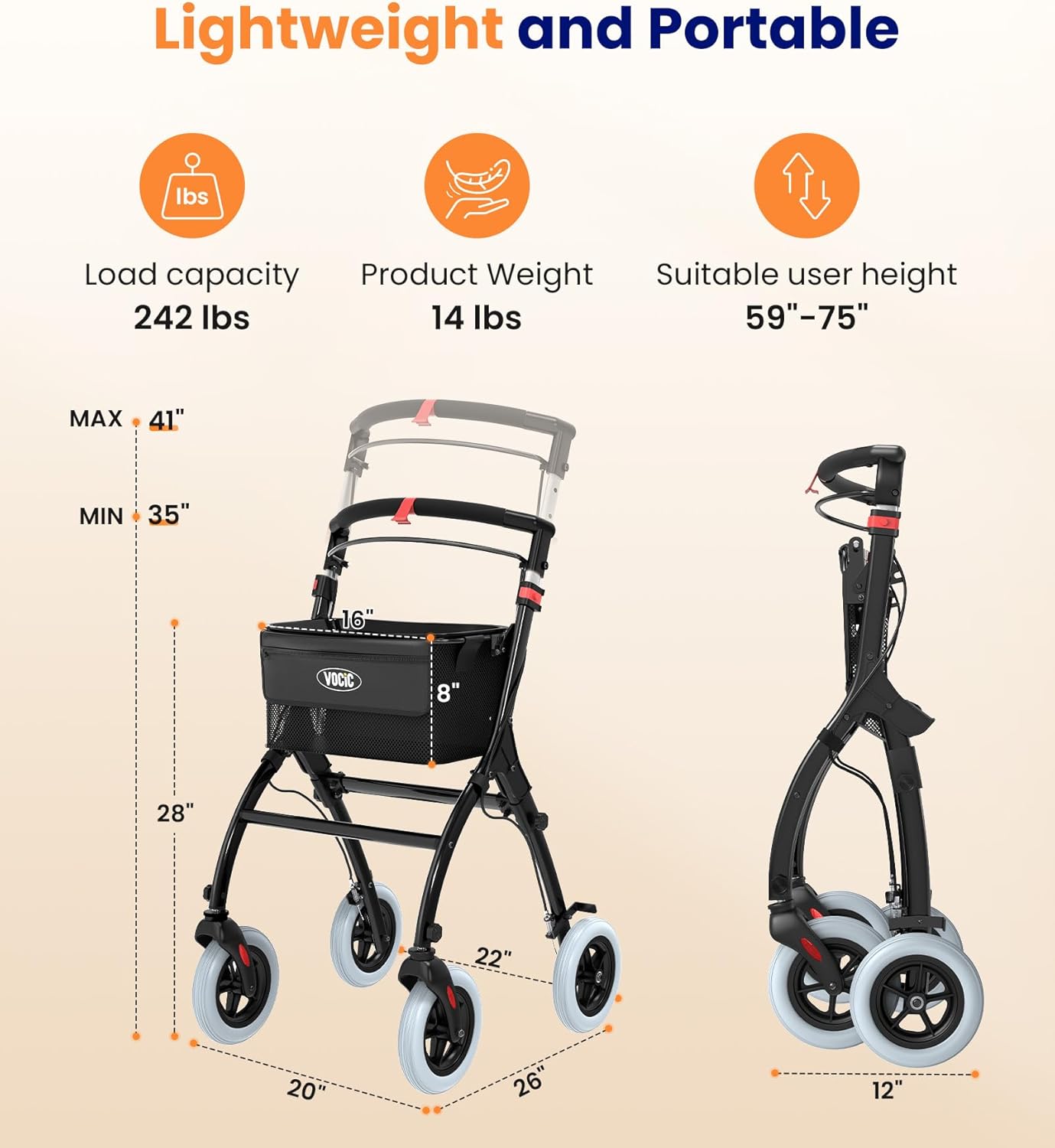 Detalle 2 de Narrow Rollator Walkers for Small Spaces (Z32 Indoor Rollator) — Foldable, Lightweight, and Safe for Apartments