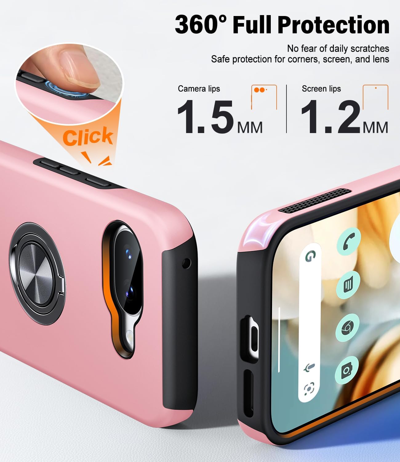 Detalle 2 de AOUIA 360° Metal Ring Stand Case (2-pack tempered glass screen protectors) for Google Pixel 9A, Pink