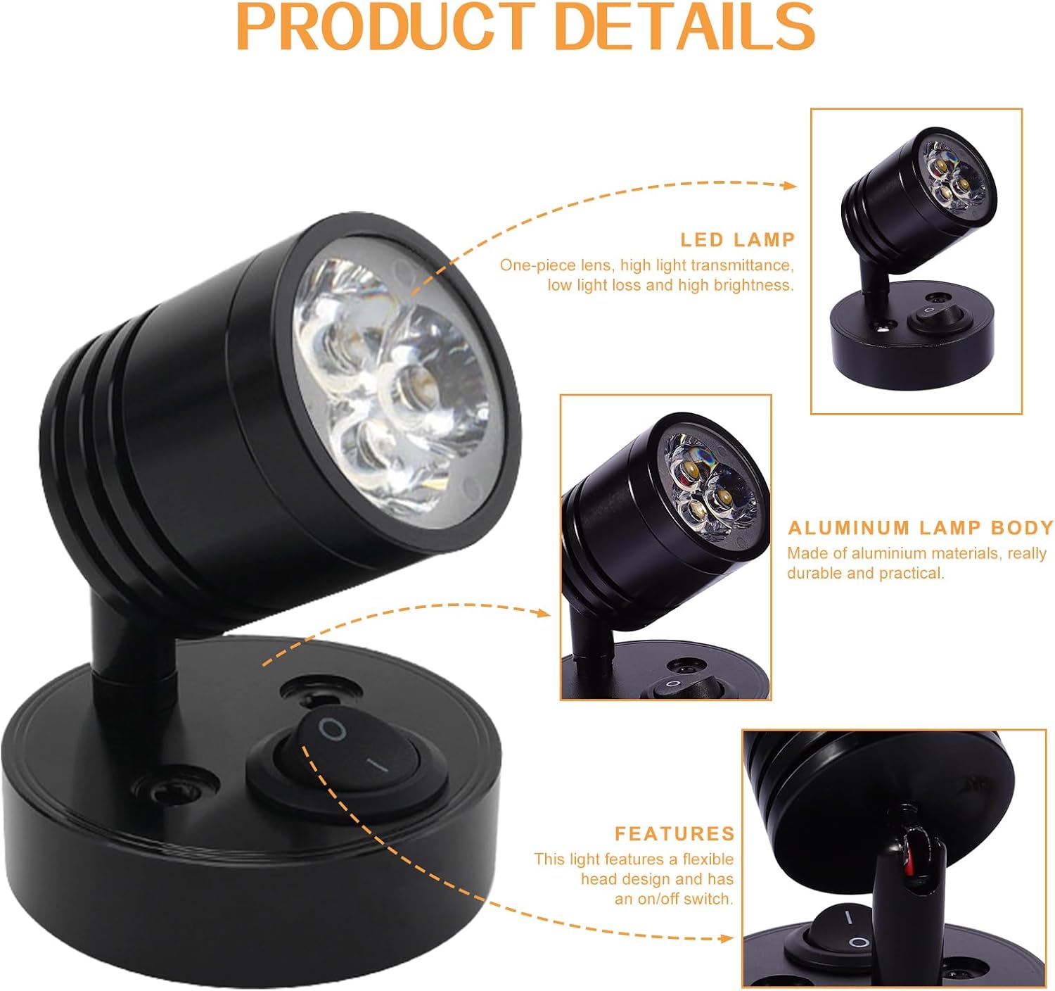 Detalle de ICOUVA 12V LED Spot Reading Light (2-Pack) – Warm White, Wall Mounted, 360° Rotatable for Camper Van, RVs, Boats