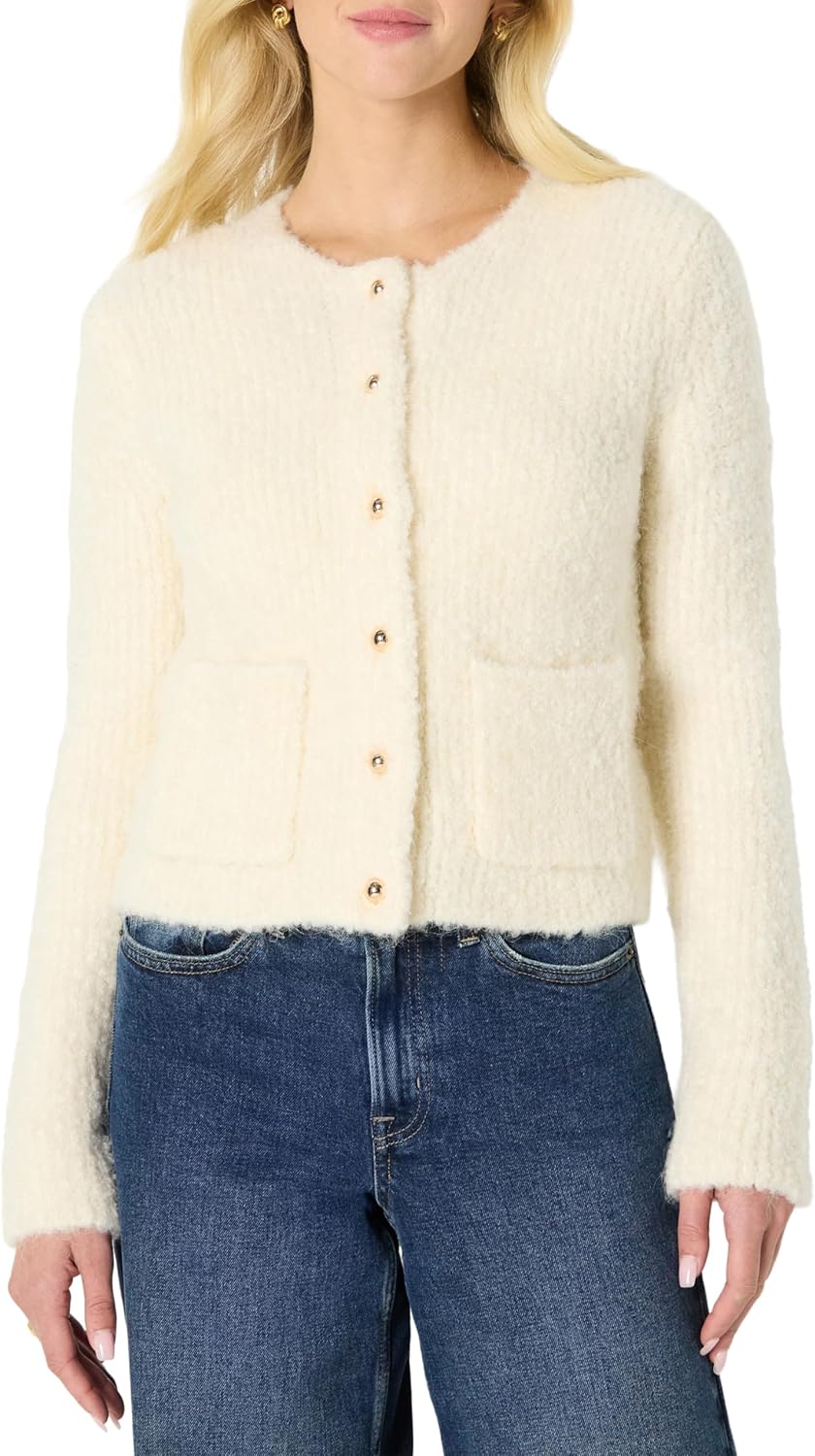 Detalle de Amazon Essentials Damen Regular-Fit Bouclé-Jacke aus Wollmischung mit Knöpfen