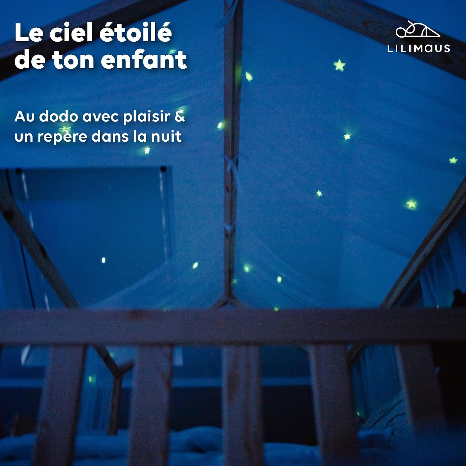 Detalle 2 de lilimaus BH-HB-67x320-GS-WEISS bedhemel met lichtgevende sterren, 2 stofbanen
