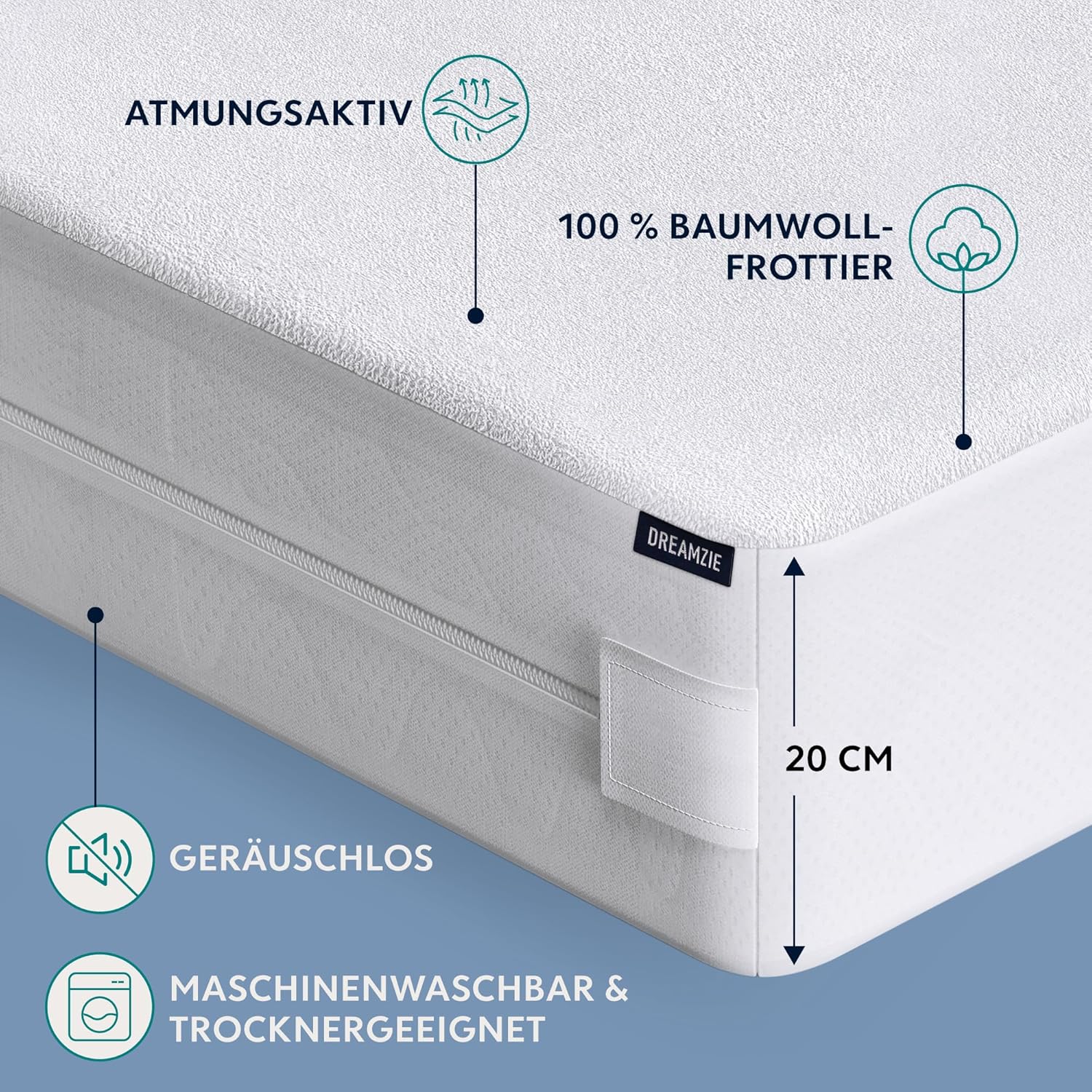 Detalle 2 de Dreamzie Matratzenbezug 180x200x20 cm gegen Milben und Bettwanzen – wasserdicht mit Reißverschluss