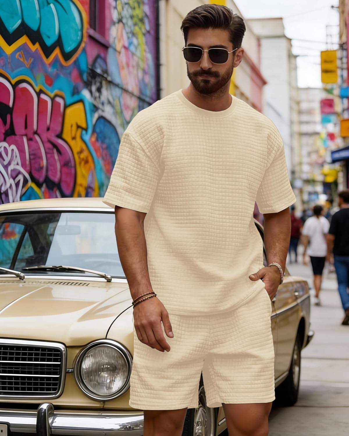 Detalle de KUYIGO Men's 2-Piece Waffle Tracksuit Set: Short Sleeve Top & Joggers
