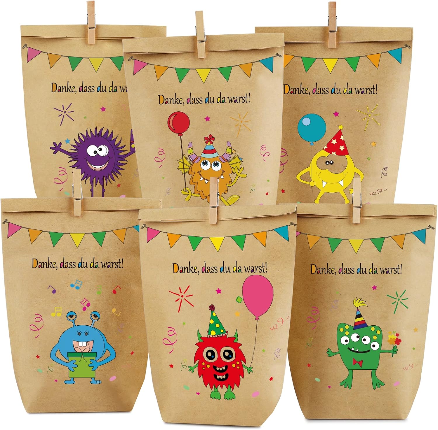 Detalle de Monster Geschenktüten Monster Papiertüten-Set (12 Stück) mit 6 Motiven und Holzklammern