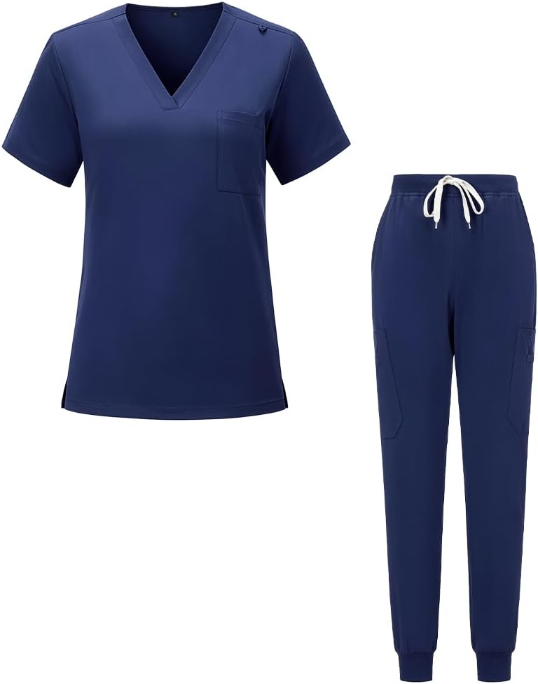 Detalle de BSBUY medisch uniform in marineblauw, stretchstof en broek met zakken