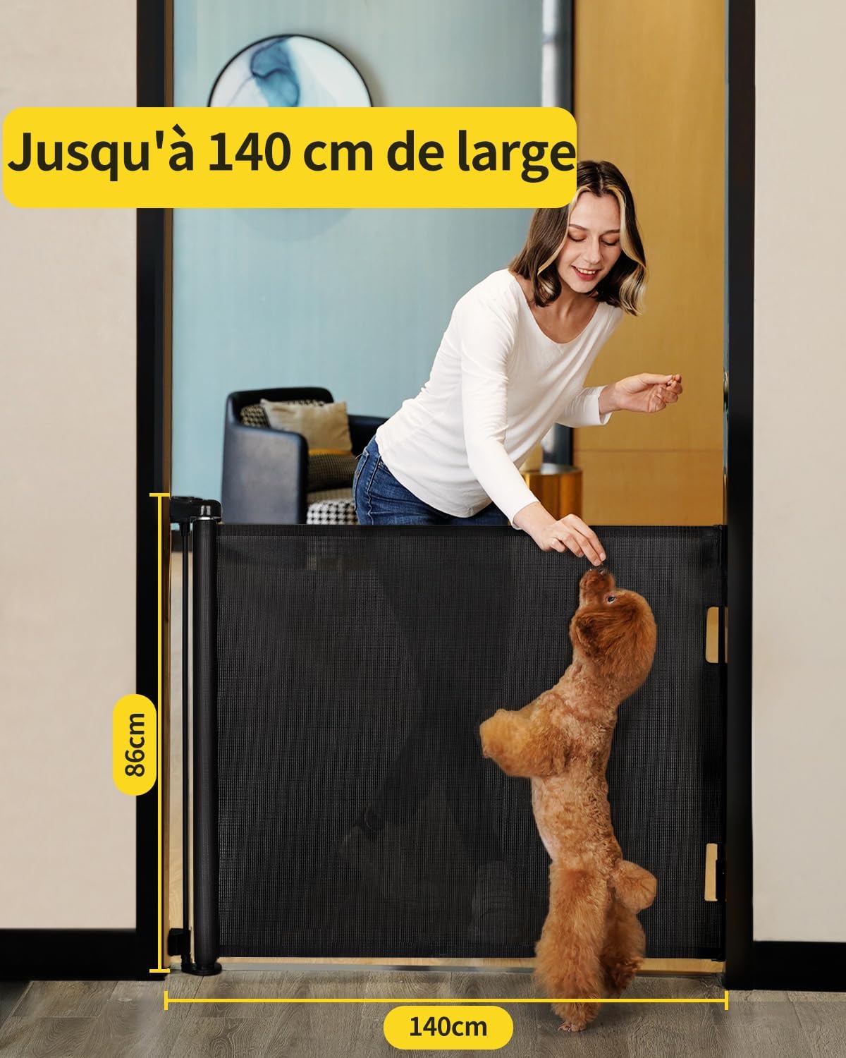 Detalle 2 de Barrière de Sécurité Rétractable pour Bébé et Animaux – Extensible 0-140 cm, Noir