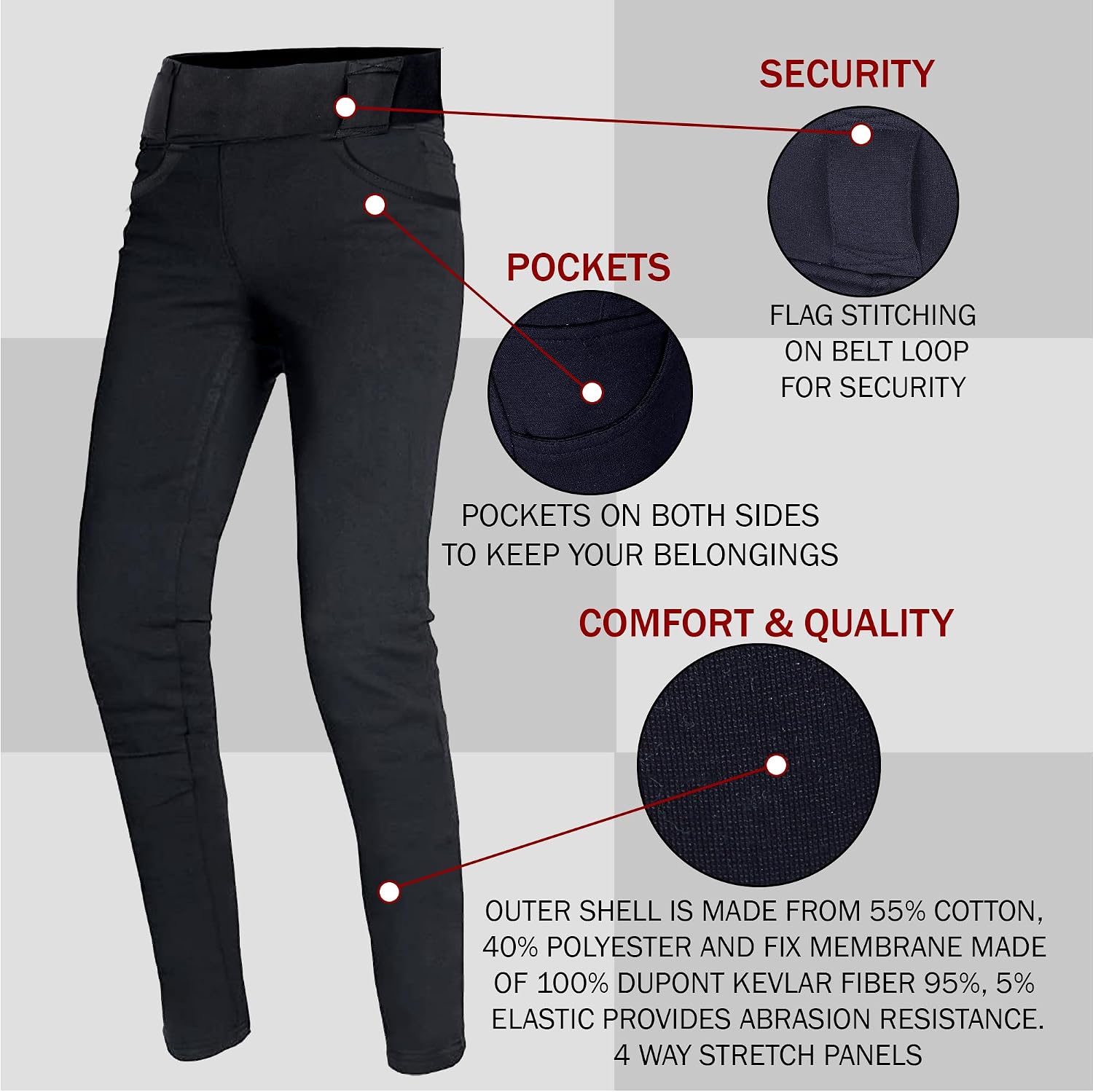 Detalle de Bikers Gear Australia damskie legginsy motocyklowe z podszewką kevlarową i wyjmowanym pancerzem CE