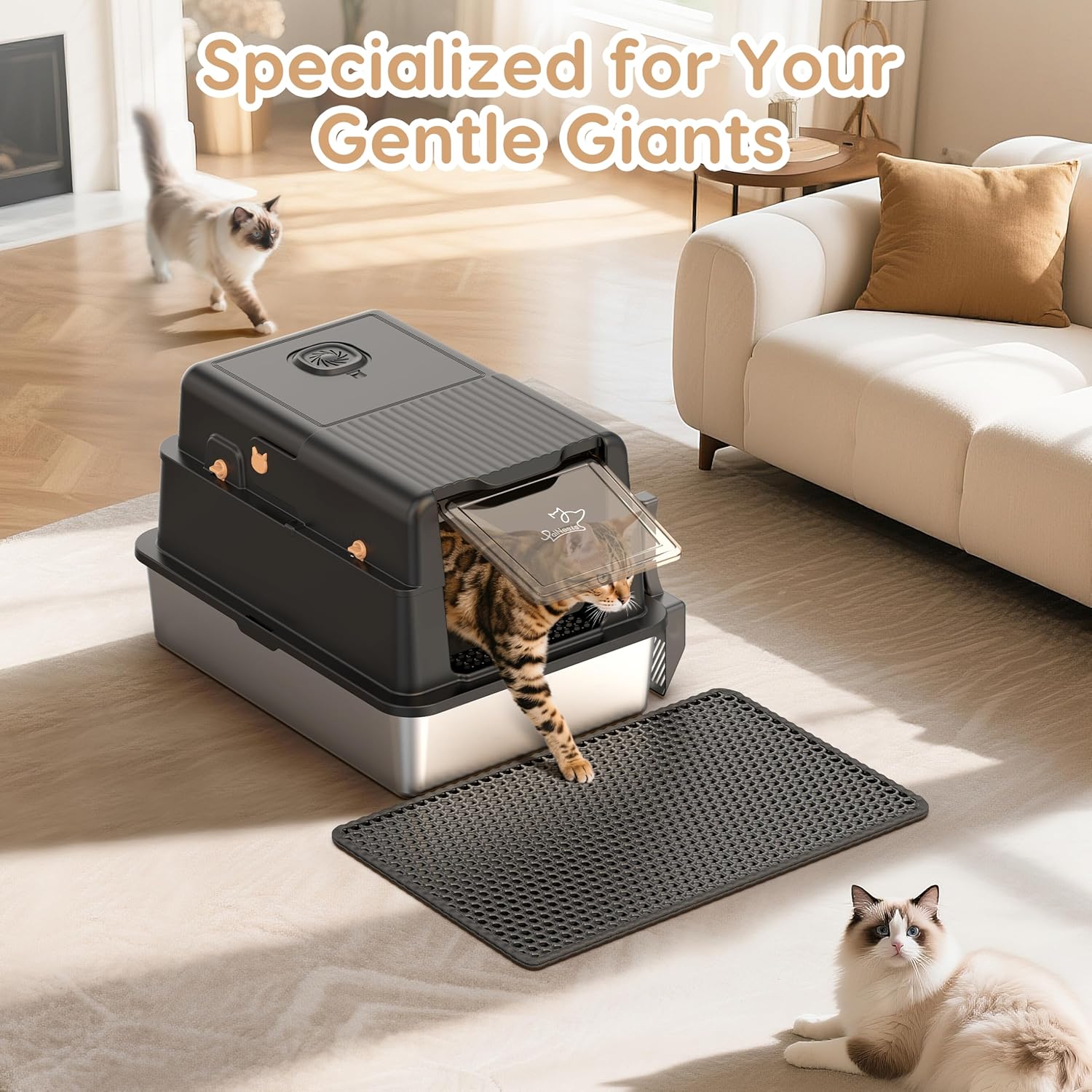 Detalle de Stainless Steel Cat Litter Tray with 105° Flip Lid — PalNest XXXL Extra Large Enclosed Box for Large Cats