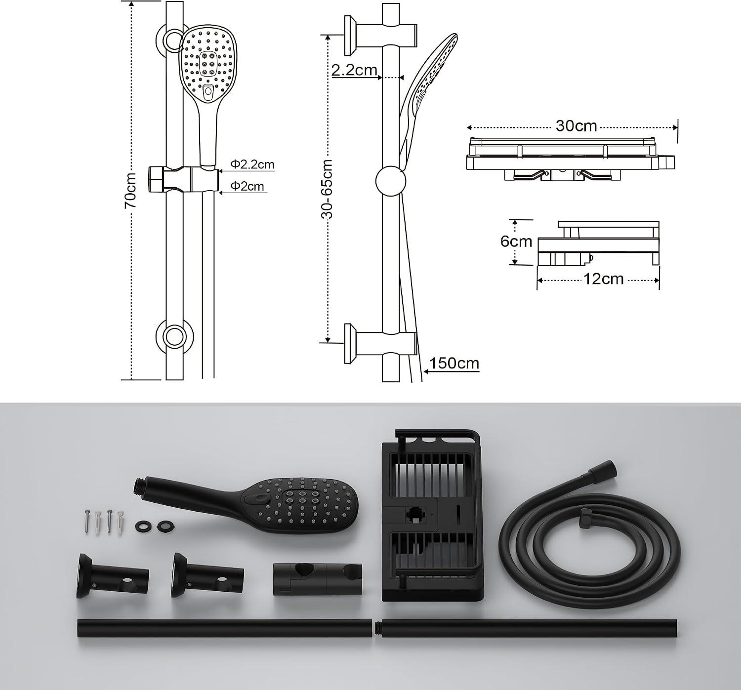 Detalle 2 de Görbach Colonna Doccia in Acciaio Inox 70 cm, Doccetta a 3 Getti e Portasapone, Senza Miscelatore