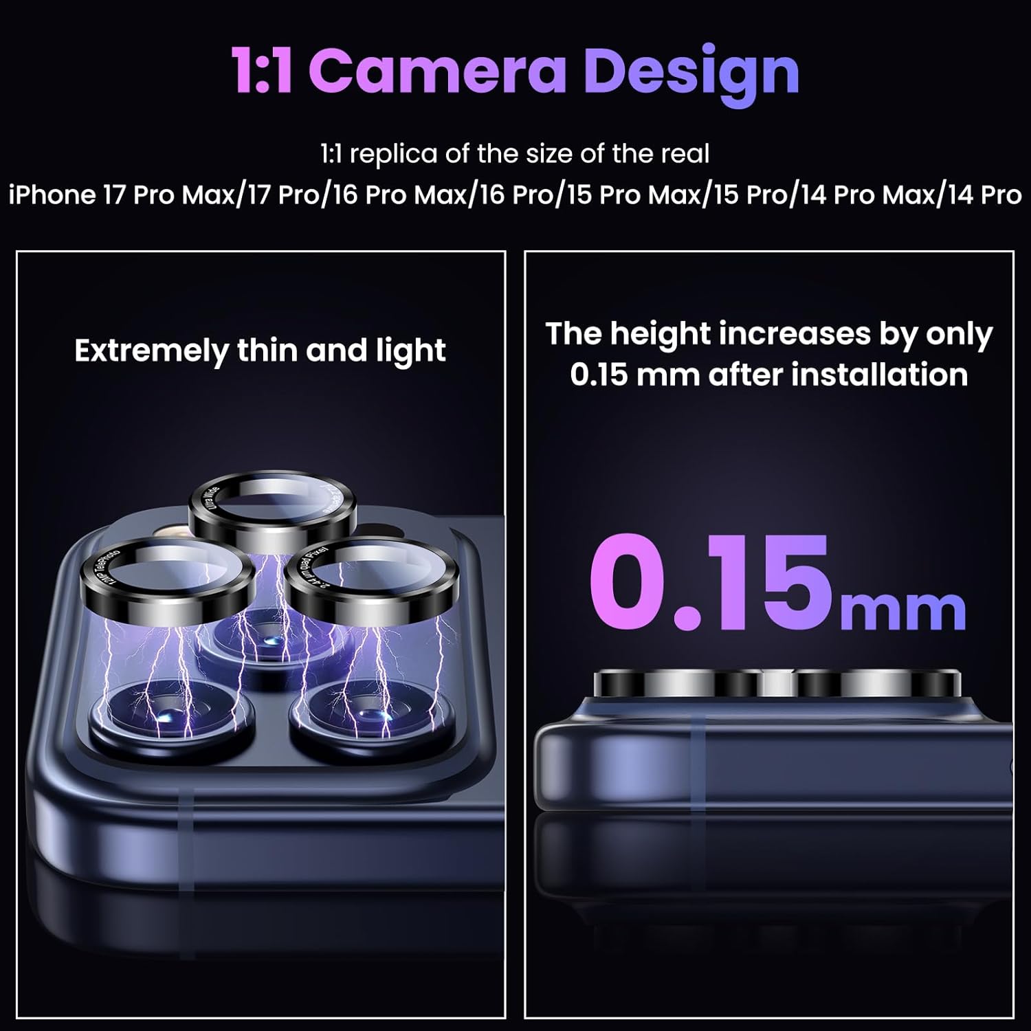Thumbnail 3 de UniqueMe Camera Lens Protector for iPhone 17 Pro Max / 17 Pro / 16 Pro Max / 16 Pro / 15 Pro Max / 15 Pro / 14 Pro Max / 14 Pro (1 Pack, Black)