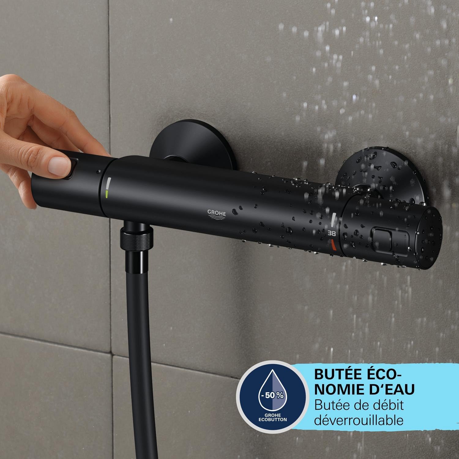 Thumbnail 6 de GROHE Precision Start Ensemble Douche avec Thermostatique – Pommeau Rond 11 cm, Flexible 1,75 m et Barre 60 cm (Noir Mat) – Économie d’Eau