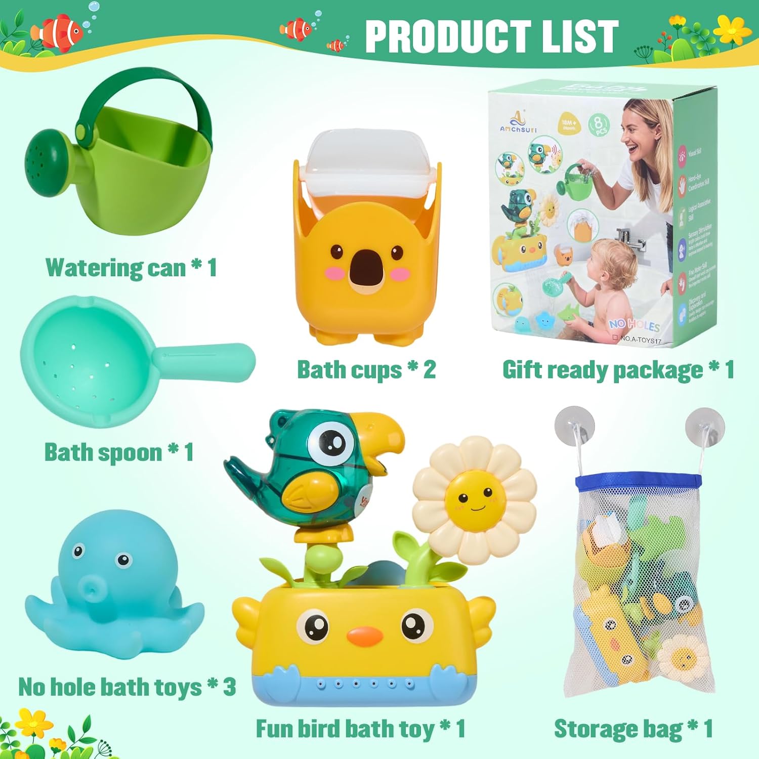 Detalle 2 de Toddler Bath Toys for 1–4 Years: Mould-Free Water Play Set with Bird Figurine, Rotating Cups and Spill-Back Whistle