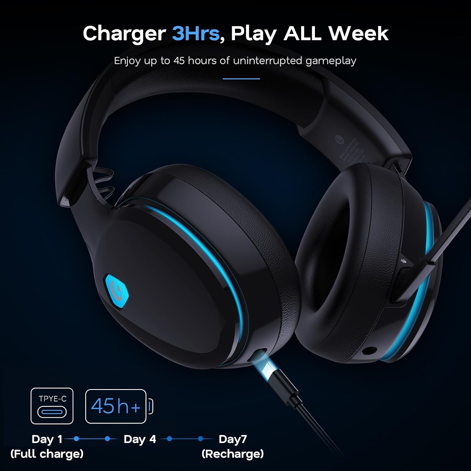 Detalle 2 de AOC Captain 300 Wireless Gaming Headset, 2.4GHz, Bluetooth 6.0, 45-Hour Battery