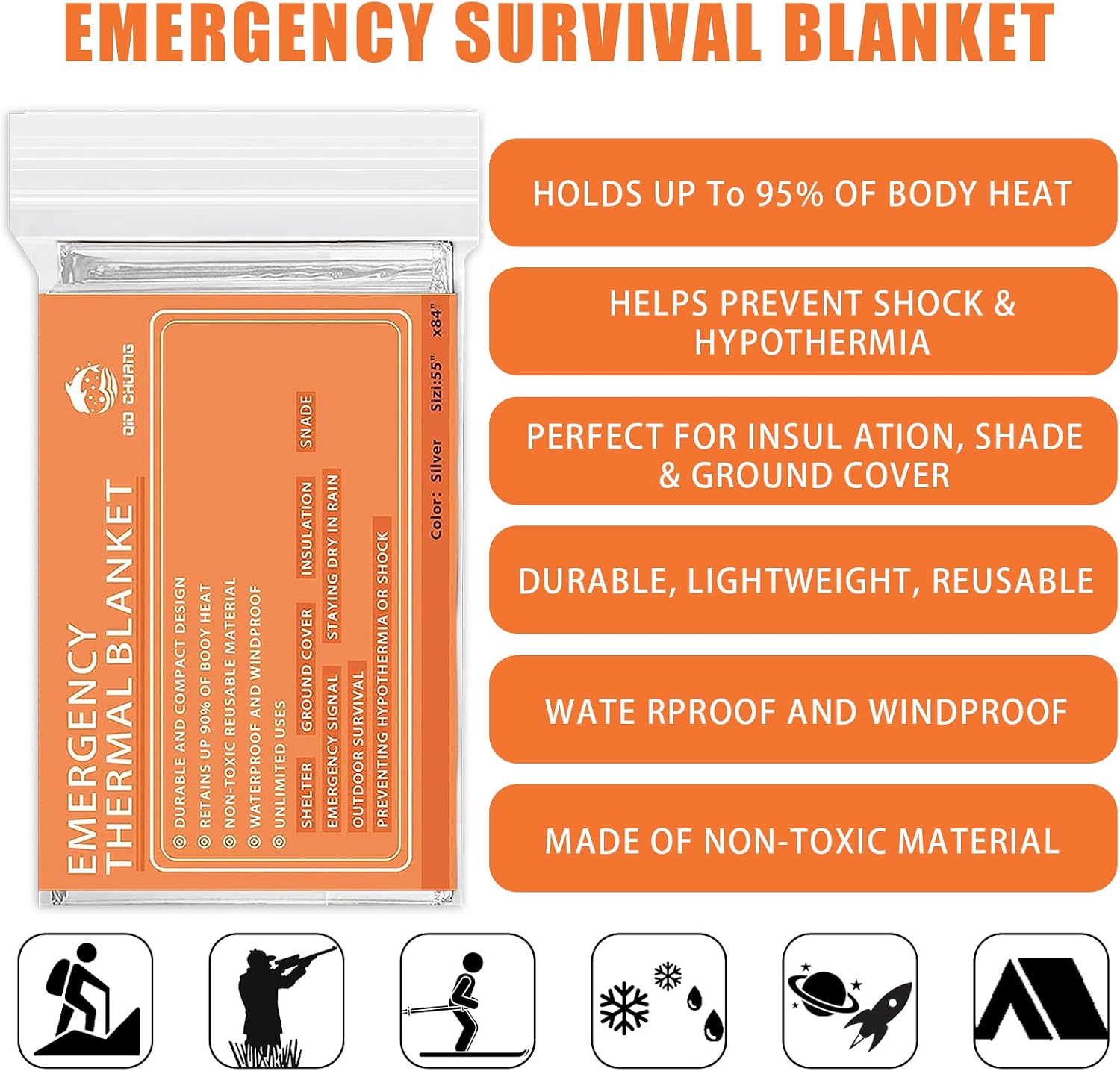 Detalle de QIO CHUANG JIJIU-4018 Emergency Mylar Thermal Blankets, 4-Pack, 84 x 55 Inches
