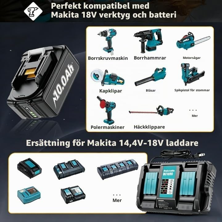 Thumbnail 1 de BATTOOL 2 – 18 V-batterier, 10,0 Ah med laddare DC 18RD 6A