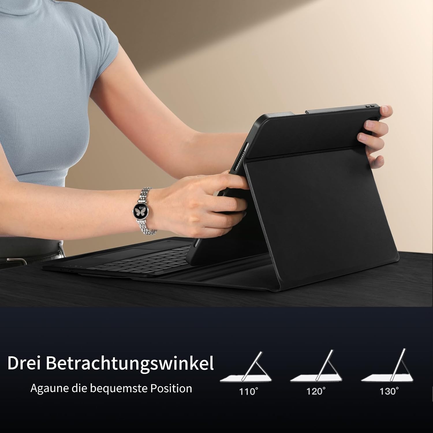 Thumbnail 6 de Vobafe Tastatur-Hülle für iPad Air 13 Zoll & iPad Pro 12,9 Zoll – QWERTZ mit Trackpad, 7 Farben, Stifthalter (schwarz)