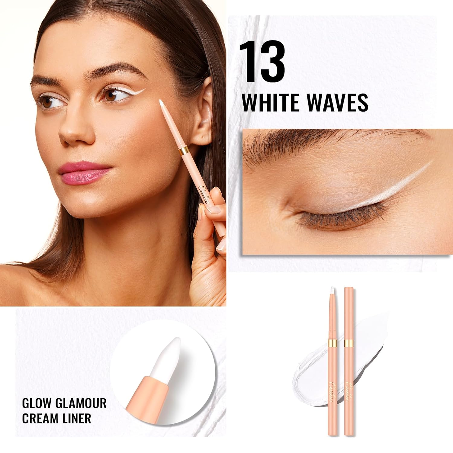 Detalle 2 de OULAC Weiß Kajal und Eyeliner wasserfest „White Waves“ – wischfester Drehstift mit hoher Farbabgabe